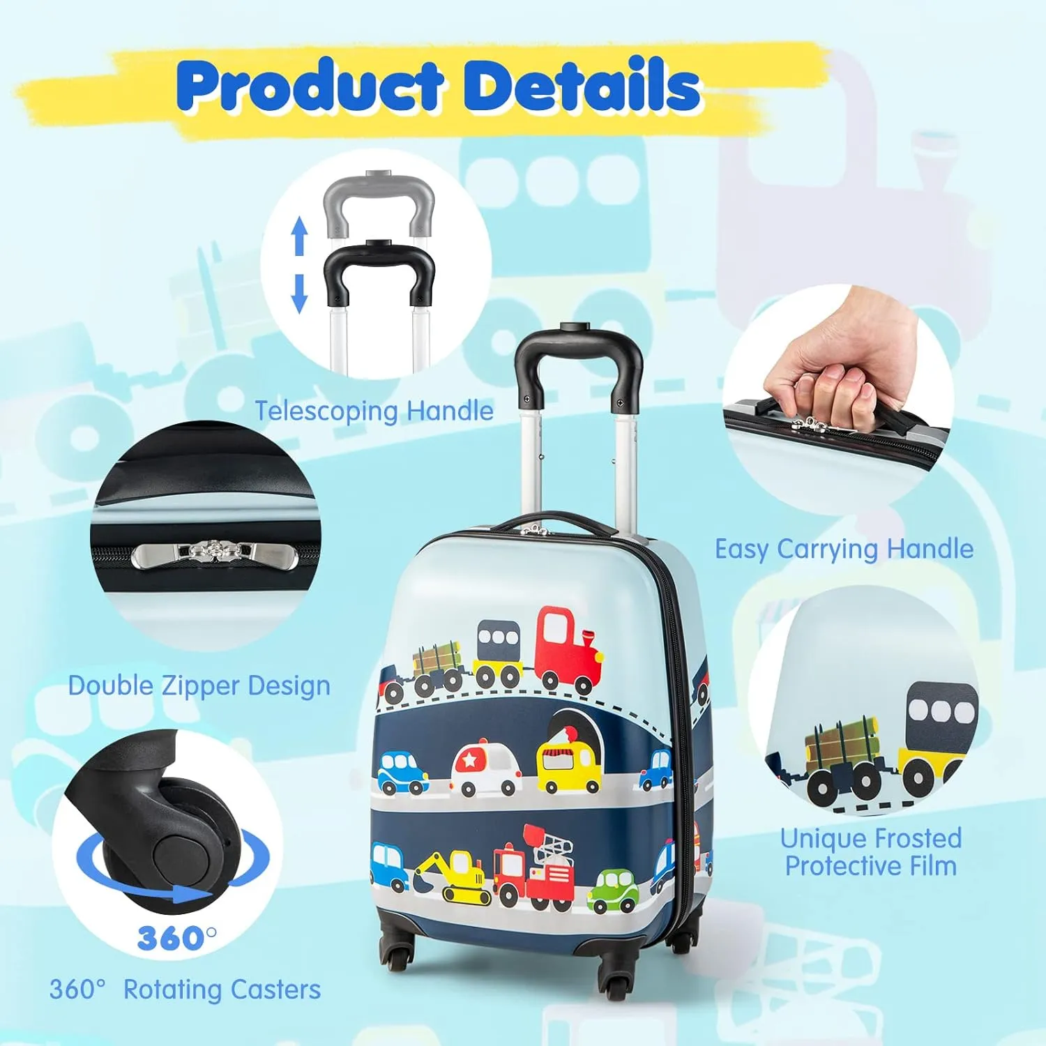 BABY JOY 2 Pcs Kids Luggage Set, 16" Toddlers Carry-on Suitcase & 12" Backpack Set, Children Travelling Case w/ 4 Casters, Retractable Handle, Lightweight Trolley Case for Boys Girls (Little Cars)