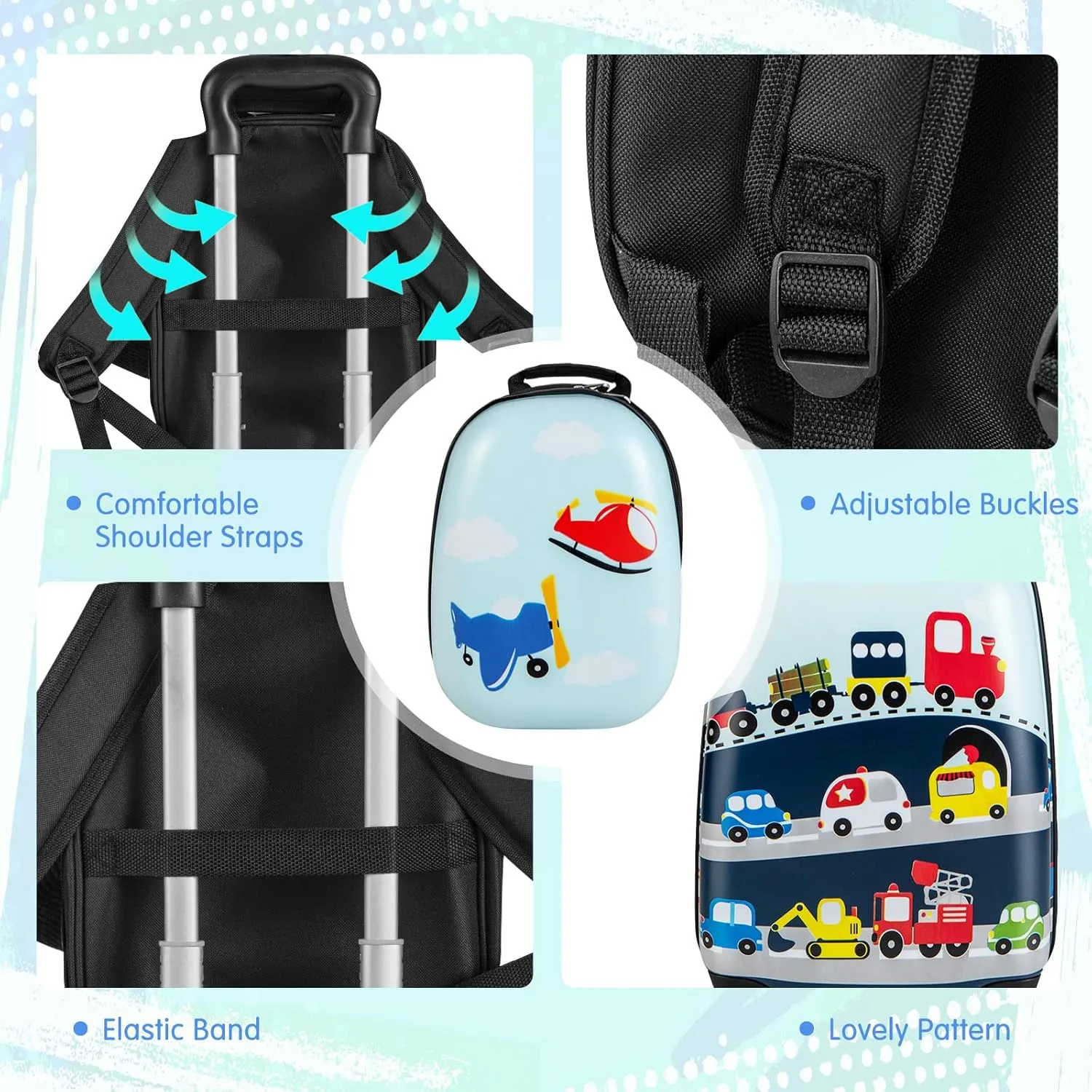 BABY JOY 2 Pcs Kids Luggage Set, 16" Toddlers Carry-on Suitcase & 12" Backpack Set, Children Travelling Case w/ 4 Casters, Retractable Handle, Lightweight Trolley Case for Boys Girls (Little Cars)