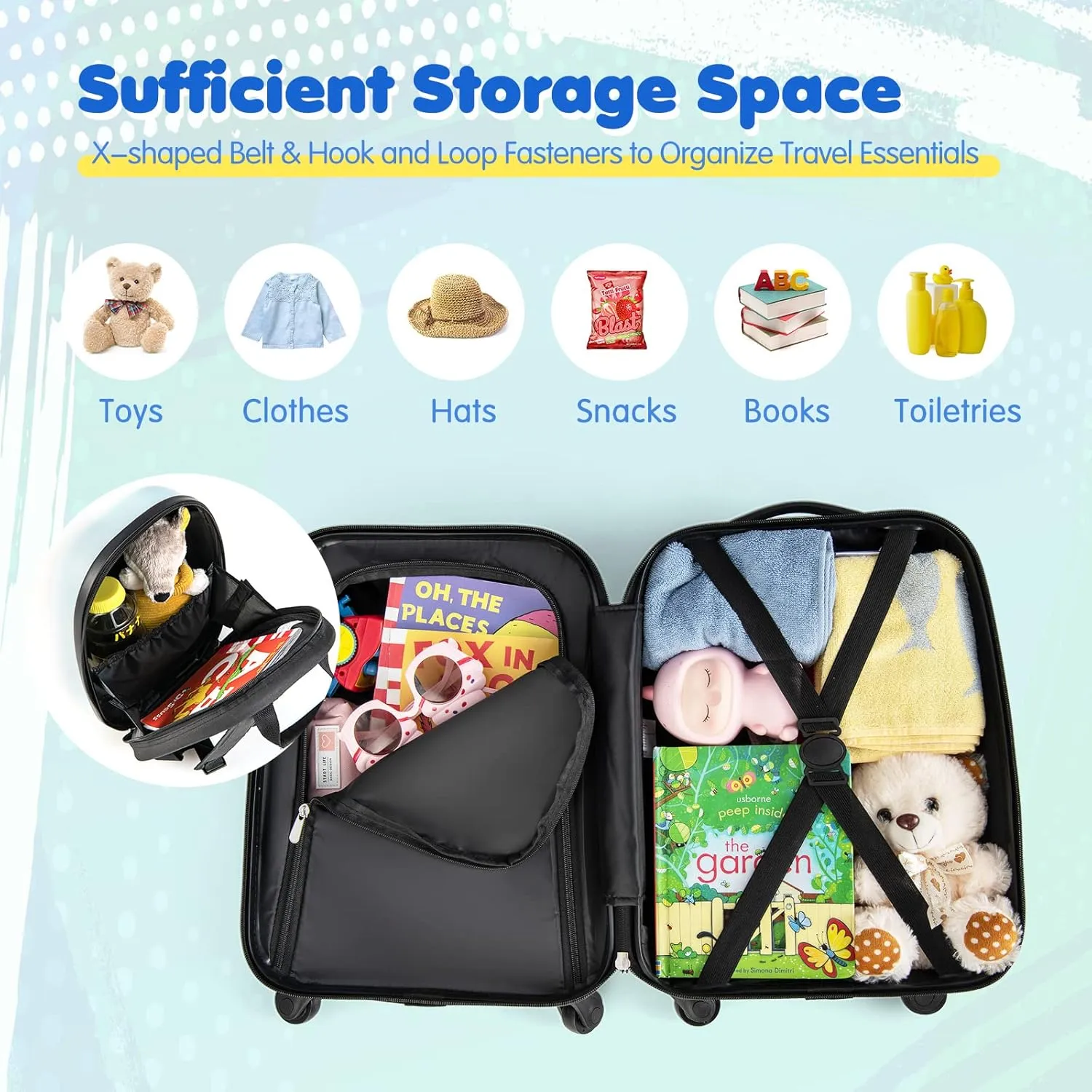 BABY JOY 2 Pcs Kids Luggage Set, 16" Toddlers Carry-on Suitcase & 12" Backpack Set, Children Travelling Case w/ 4 Casters, Retractable Handle, Lightweight Trolley Case for Boys Girls (Little Cars)