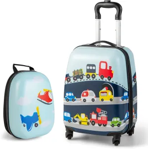 BABY JOY 2 Pcs Kids Luggage Set, 16" Toddlers Carry-on Suitcase & 12" Backpack Set, Children Travelling Case w/ 4 Casters, Retractable Handle, Lightweight Trolley Case for Boys Girls (Little Cars)