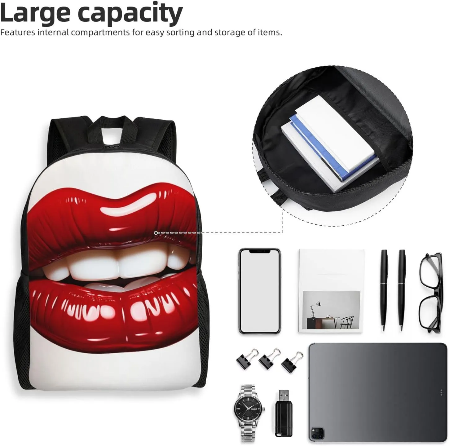 Backpack Cute Graphic Red Lips Travel Casual Laptop Backpack Waterproof Hiking Daypack for Men Women