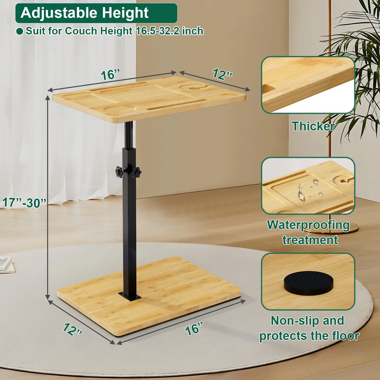 Bamboo C Table End Table Adjustable Height, 360°Swivel TV Tray for Couch, Snack Side Tables with Phone ＆ Tablet Slot, C Shaped Couch Table for Small Place/Bathtub/Recliner/Bed/Sofa (Natrual)