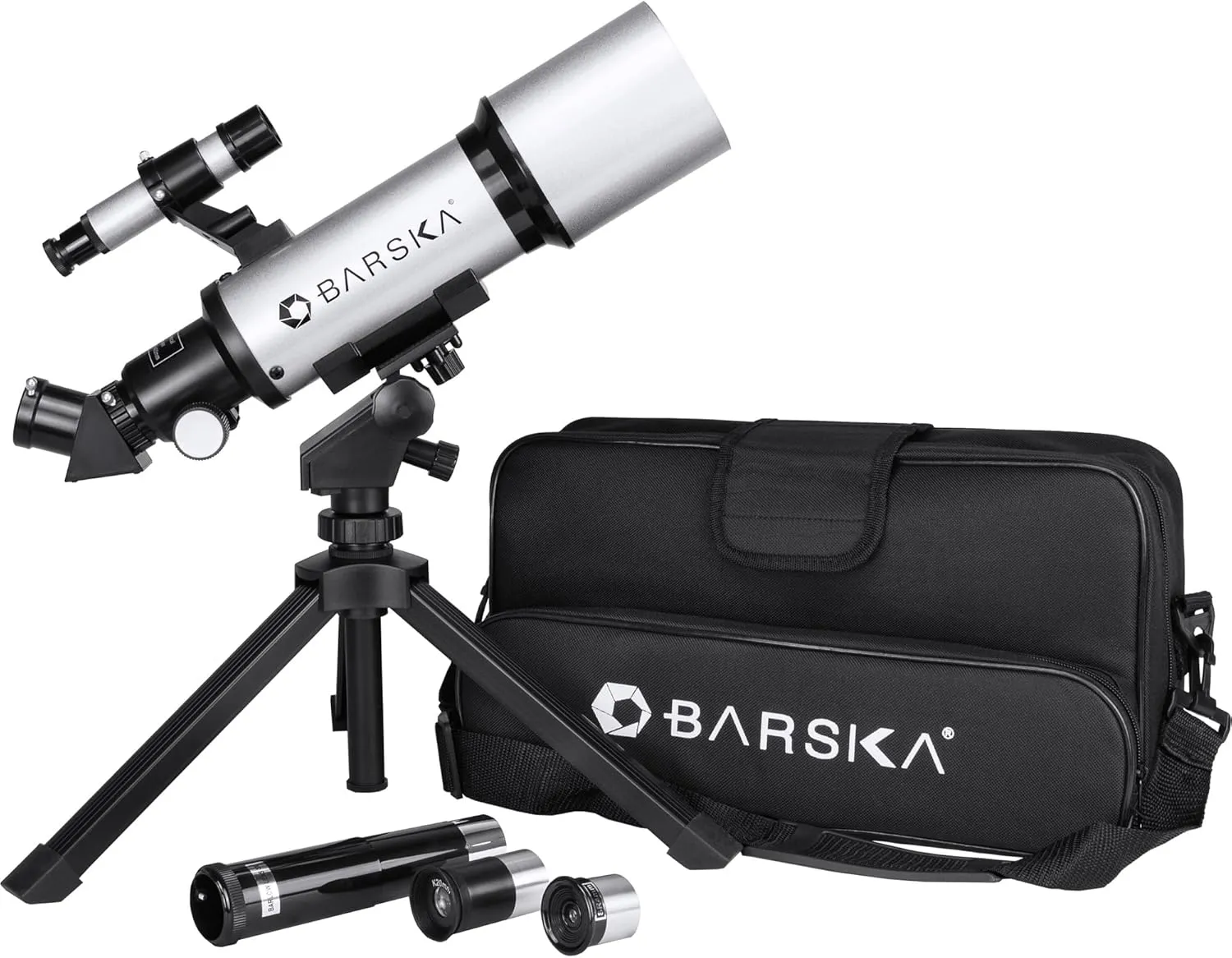 Barska Starwatcher Astronomical Refractor Telescope 300x Magnification for Beginners & Kids with Barlow Lens, 2 Interchangeable Eyepieces, Finder Scope, Table Top Tripod