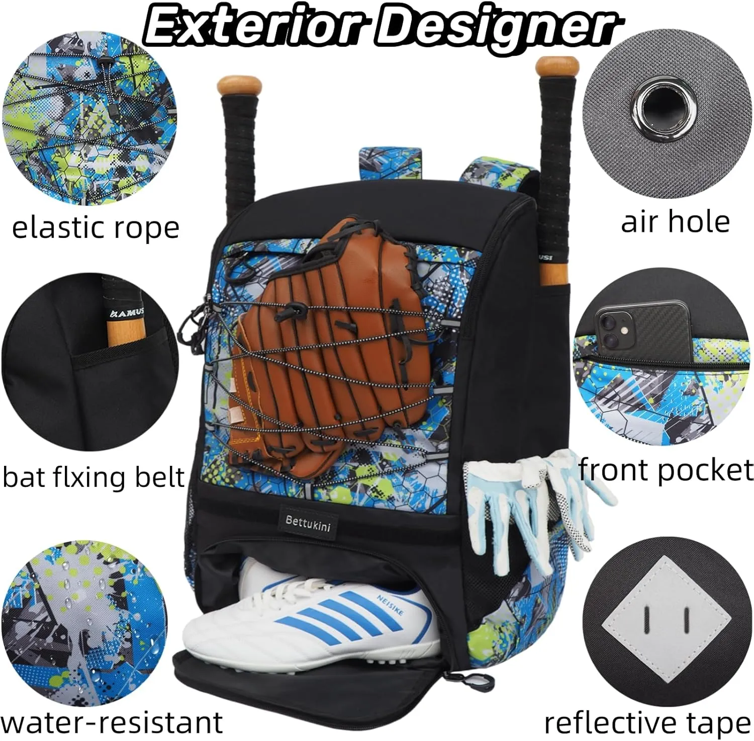 Baseball & Softball Bat Bag For Youth Adults, Sports Equipment Backpack with Shoe Compartment, Fence Hook, Bat Holder, Helmet, Baseball Glove, Big Size & Lightweight
