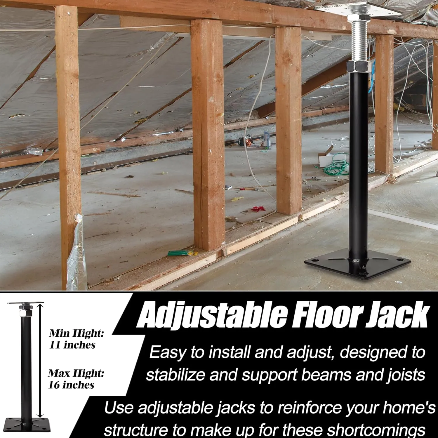 Basement Floor Jack, 11-16 inches Height Range House Floor Jacks Post Pole for Leveling, Adjustable Floor Jack for House Foundation Temporary Support