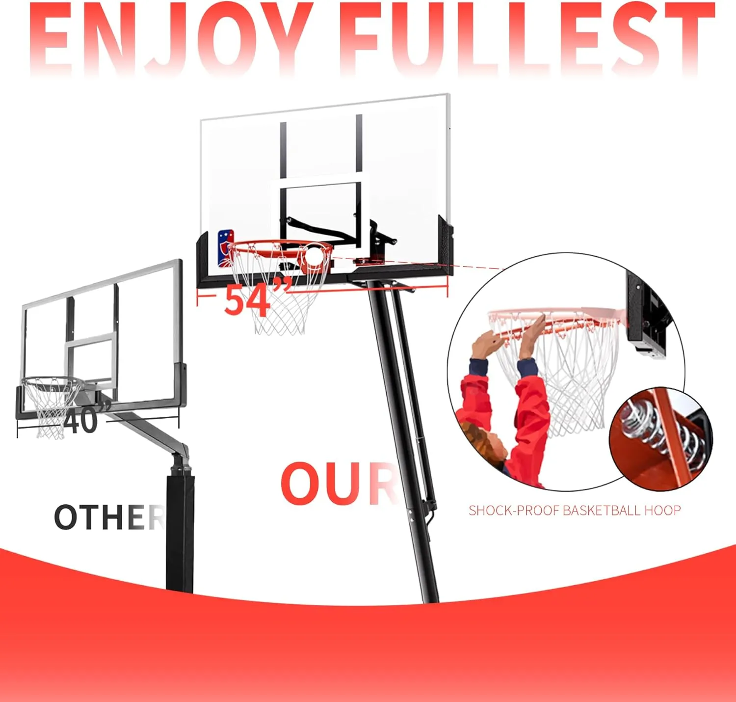 Basketball Hoop, 54 Inch Backboard Portable Basketball System, 10ft Stepless Regulation Adjustable Basketball Hoop Outdoor