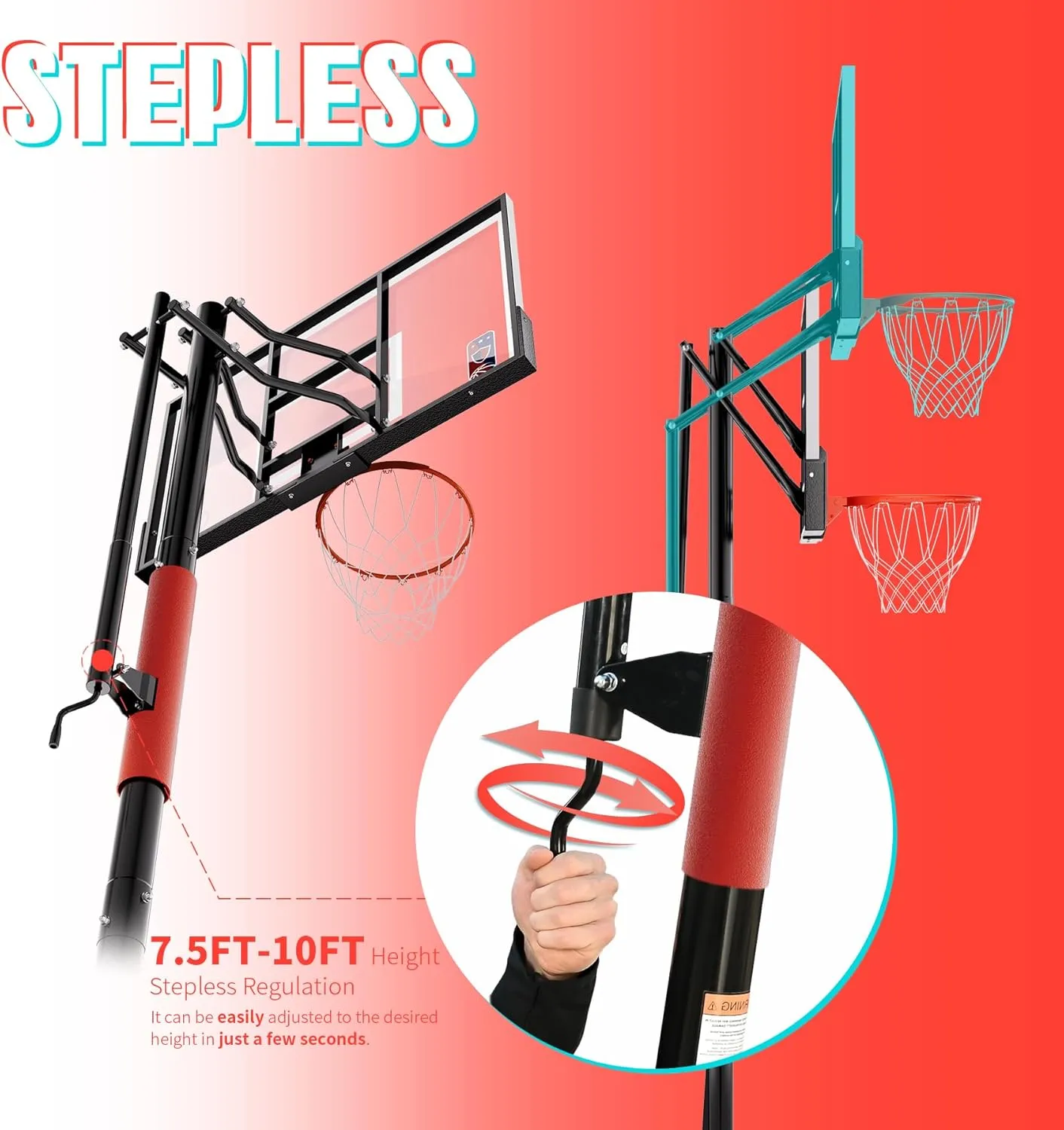 Basketball Hoop, 54 Inch Backboard Portable Basketball System, 10ft Stepless Regulation Adjustable Basketball Hoop Outdoor