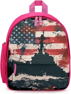 Battleship USA American Flag Laptop Backpack 12.6 Inch Lightweight Travel Daypack Bookbag Pink-style