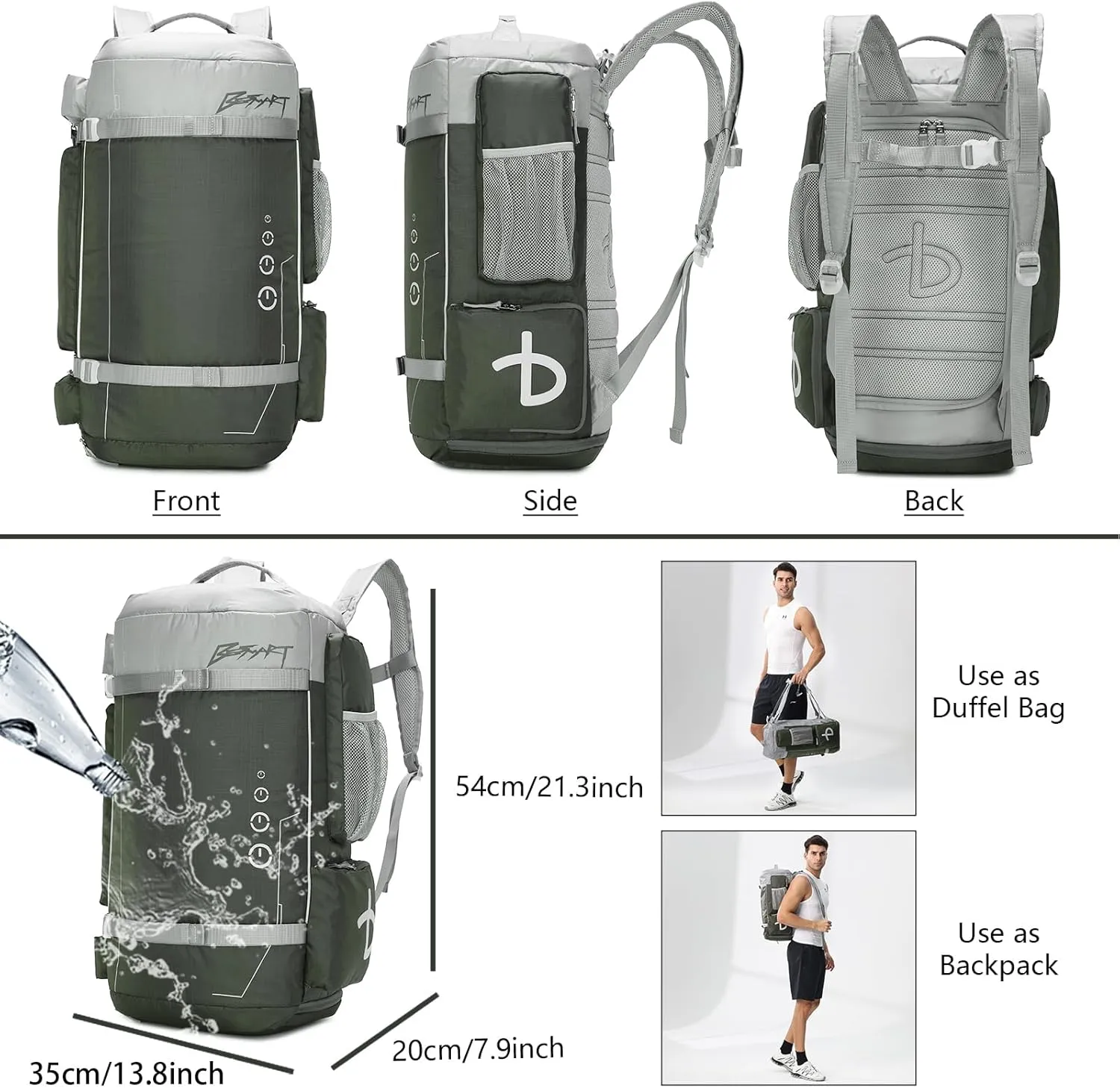 BE SMART 40L Extra Large Gym Backpack for Men, Big Gym Bag with Shoes Compartment, Waterproof Heavy Duty Duffel Bags, Men's Workout Backpacks for Outdoor Sport,Hiking,Camping,Travel