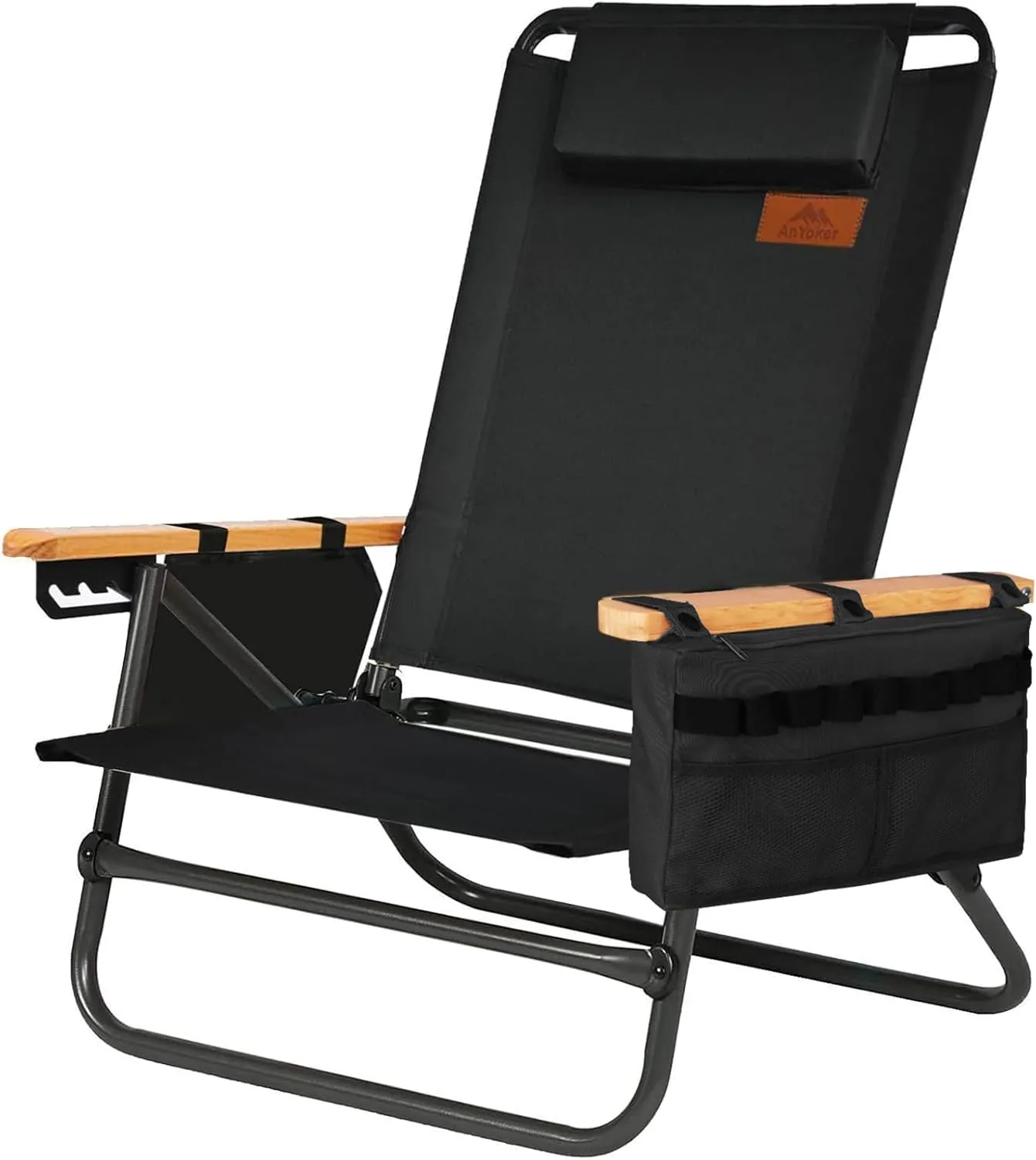 Beach Chair, 4 Adjust Position Compact Backpack Chair, Portable Folding, Camping Gear with Cooler Pounch Side Pocket, Headrest,Cup Holder,Shoulder Strap, Lightweight（Black,Cooler Pouch）