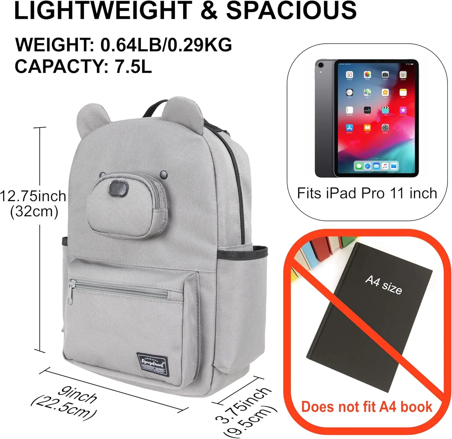 Bear Mini Daily Backpack for Woman Teenagers with Tablet Sleeve and Water Bottle Pocket, Lightweight Stylish Casual Daypack, Grey