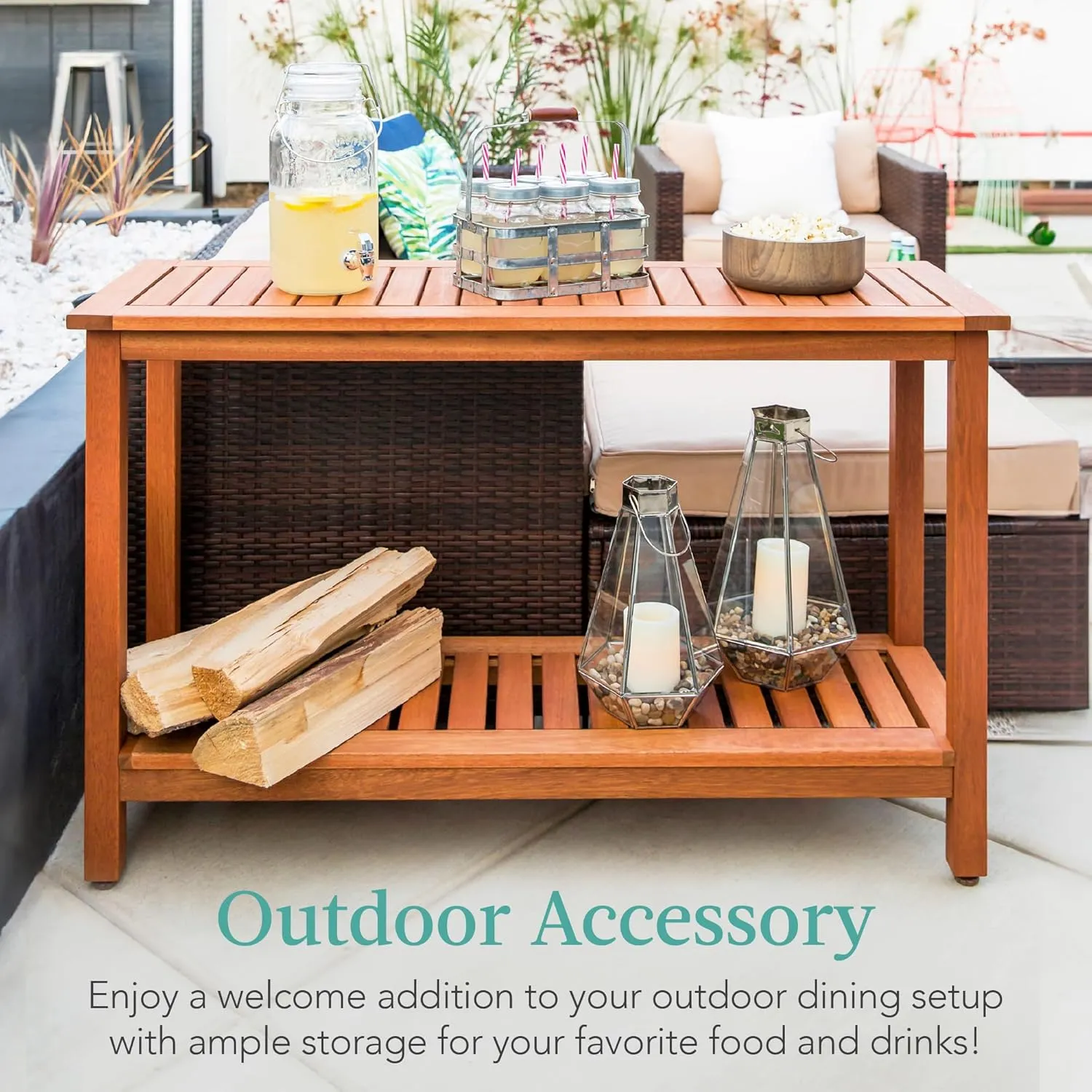 Best Choice Products 48in 2-Shelf Eucalyptus Wooden Console Table Indoor Outdoor Multifunctional Buffet Bar Storage Organizer w/Foot Sliders - Natural