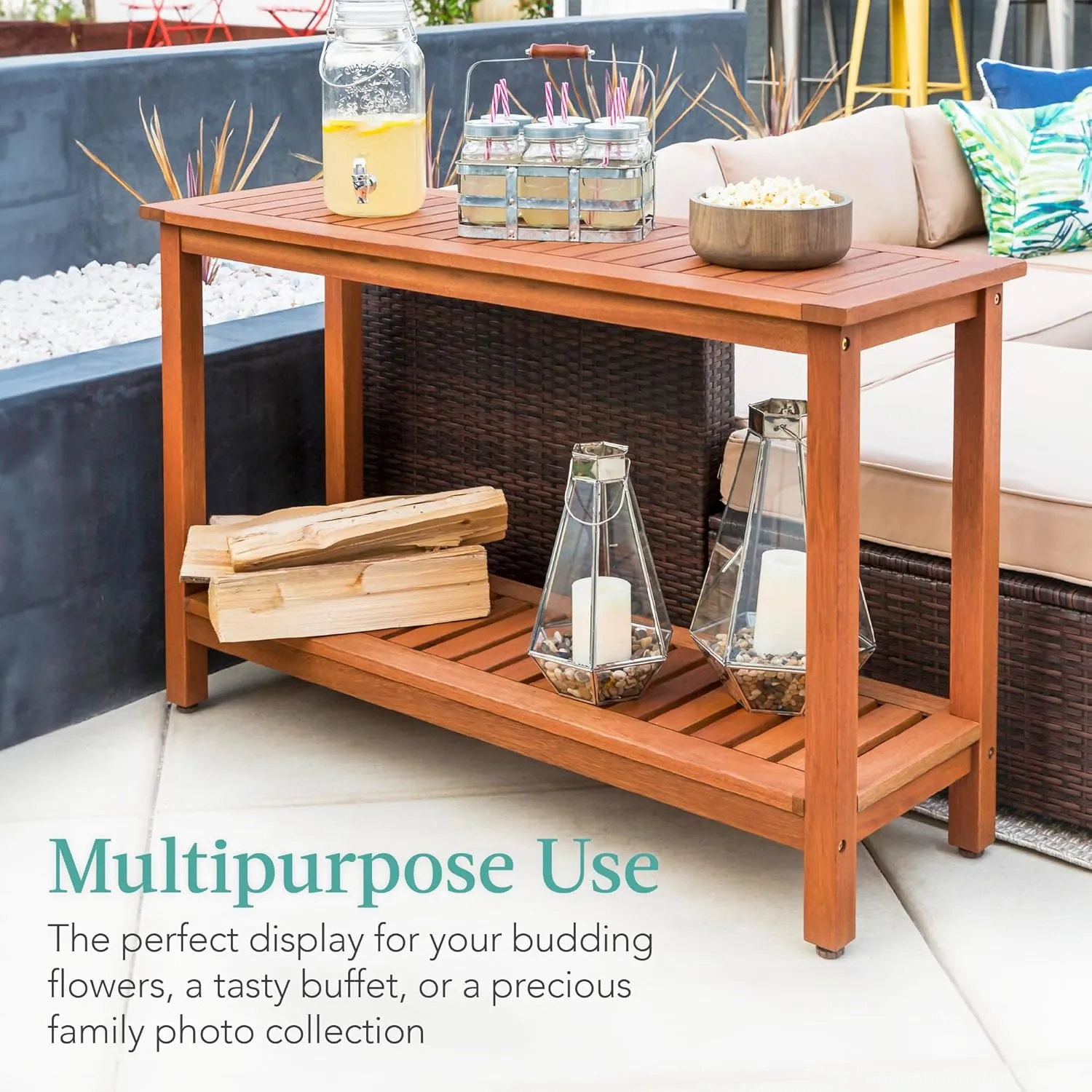 Best Choice Products 48in 2-Shelf Eucalyptus Wooden Console Table Indoor Outdoor Multifunctional Buffet Bar Storage Organizer w/Foot Sliders - Natural