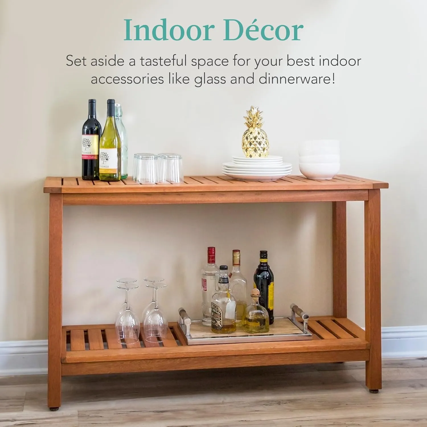 Best Choice Products 48in 2-Shelf Eucalyptus Wooden Console Table Indoor Outdoor Multifunctional Buffet Bar Storage Organizer w/Foot Sliders - Natural