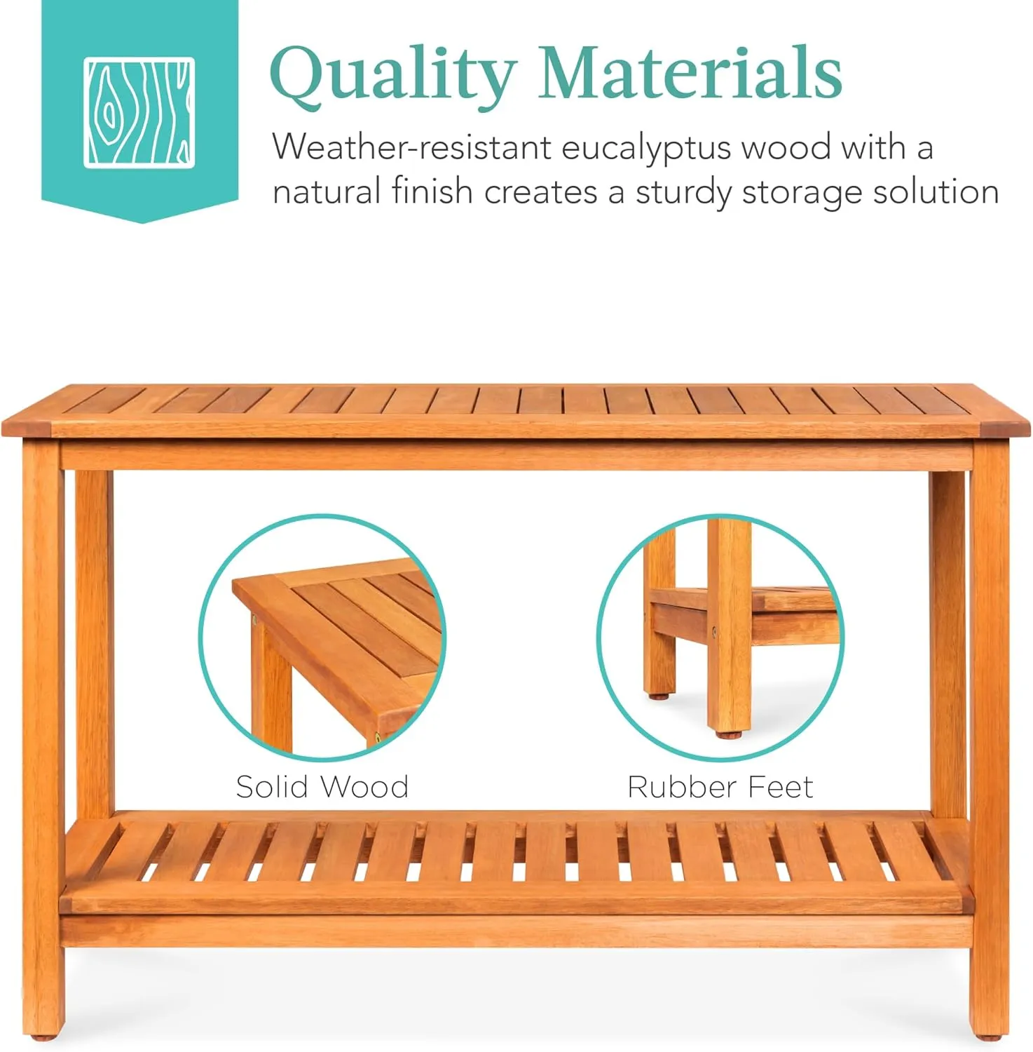 Best Choice Products 48in 2-Shelf Eucalyptus Wooden Console Table Indoor Outdoor Multifunctional Buffet Bar Storage Organizer w/Foot Sliders - Natural