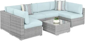 Best Choice Products 7-Piece Modular Outdoor Sectional Wicker Patio Conversation Set w/ 2 Pillows, Coffee Table, Cover Included - Gray/Pastel Blue
