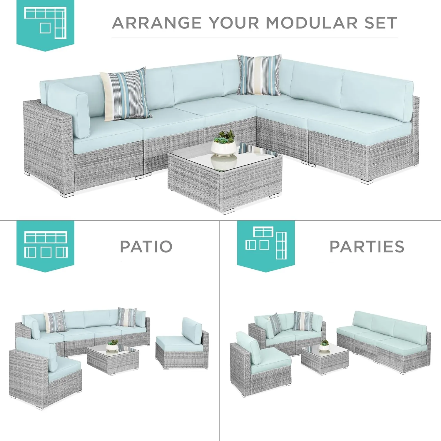 Best Choice Products 7-Piece Modular Outdoor Sectional Wicker Patio Conversation Set w/ 2 Pillows, Coffee Table, Cover Included - Gray/Pastel Blue
