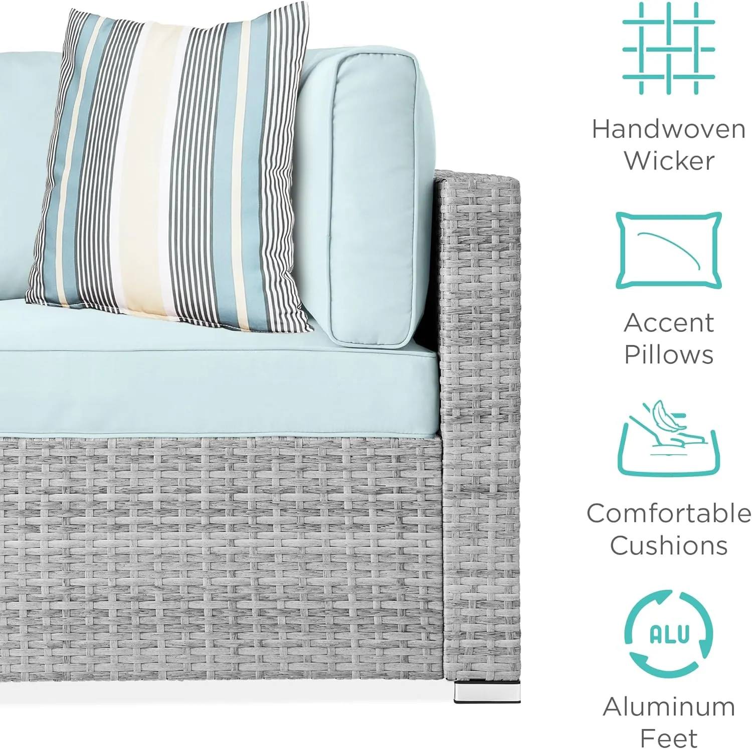 Best Choice Products 7-Piece Modular Outdoor Sectional Wicker Patio Conversation Set w/ 2 Pillows, Coffee Table, Cover Included - Gray/Pastel Blue