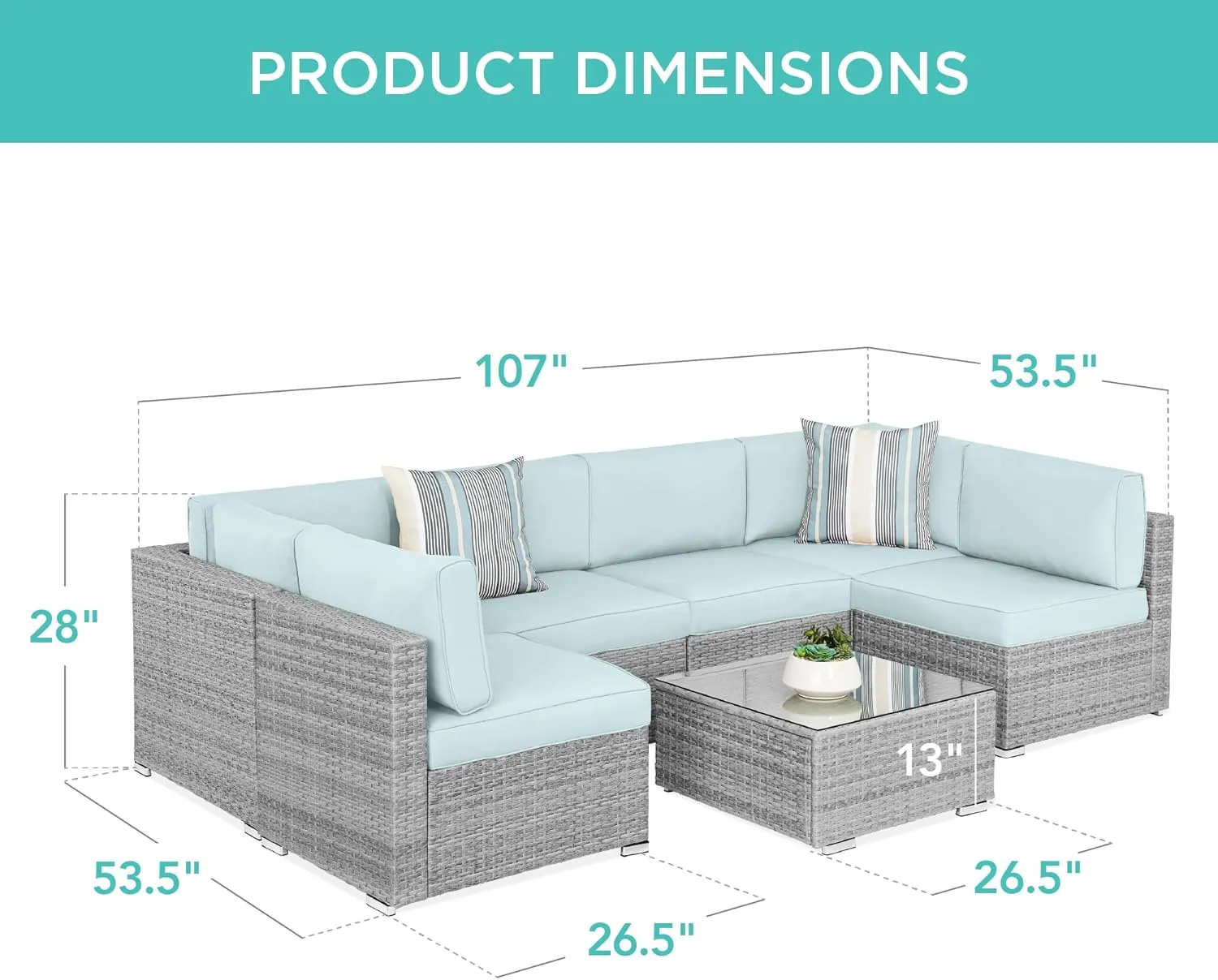 Best Choice Products 7-Piece Modular Outdoor Sectional Wicker Patio Conversation Set w/ 2 Pillows, Coffee Table, Cover Included - Gray/Pastel Blue