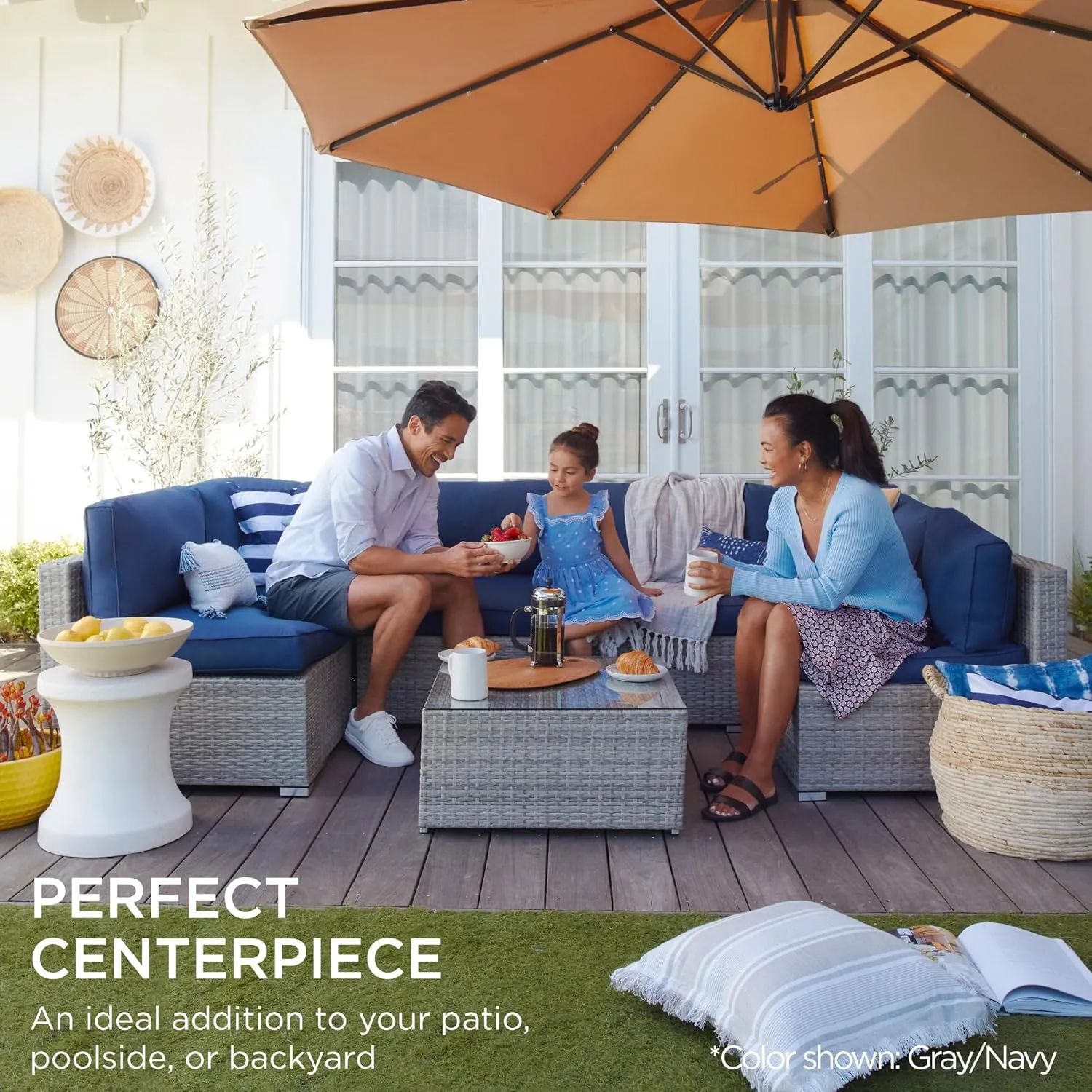 Best Choice Products 7-Piece Modular Outdoor Sectional Wicker Patio Conversation Set w/ 2 Pillows, Coffee Table, Cover Included - Gray/Pastel Blue