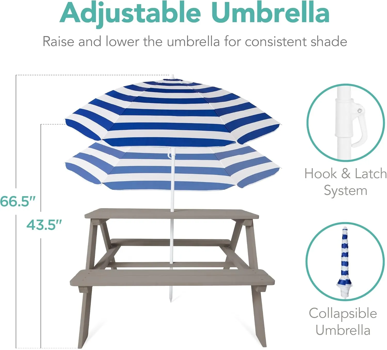 Best Choice Products Kids Wooden Picnic Table, Outdoor Activity & Dining Table w/Adjustable Collapsible Umbrella, Built-in Seats - Gray/Navy