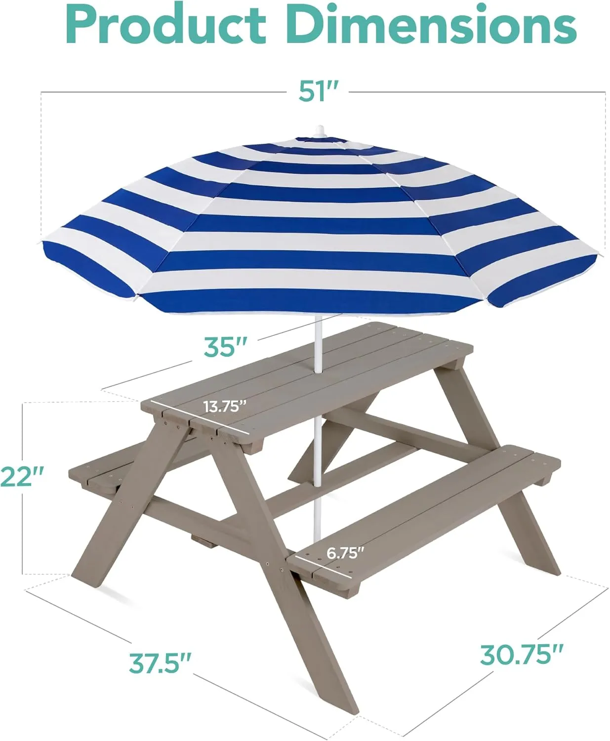 Best Choice Products Kids Wooden Picnic Table, Outdoor Activity & Dining Table w/Adjustable Collapsible Umbrella, Built-in Seats - Gray/Navy