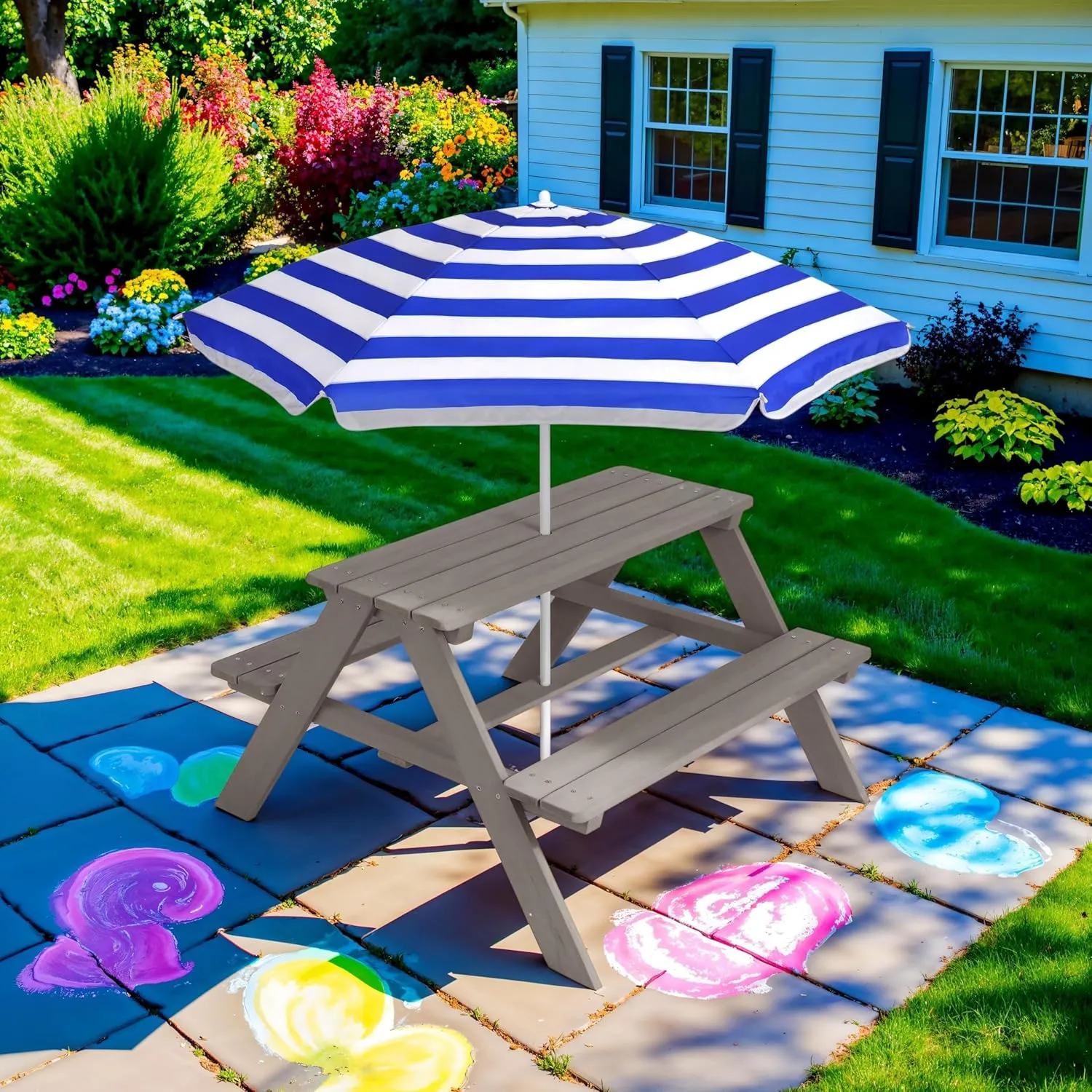 Best Choice Products Kids Wooden Picnic Table, Outdoor Activity & Dining Table w/Adjustable Collapsible Umbrella, Built-in Seats - Gray/Navy
