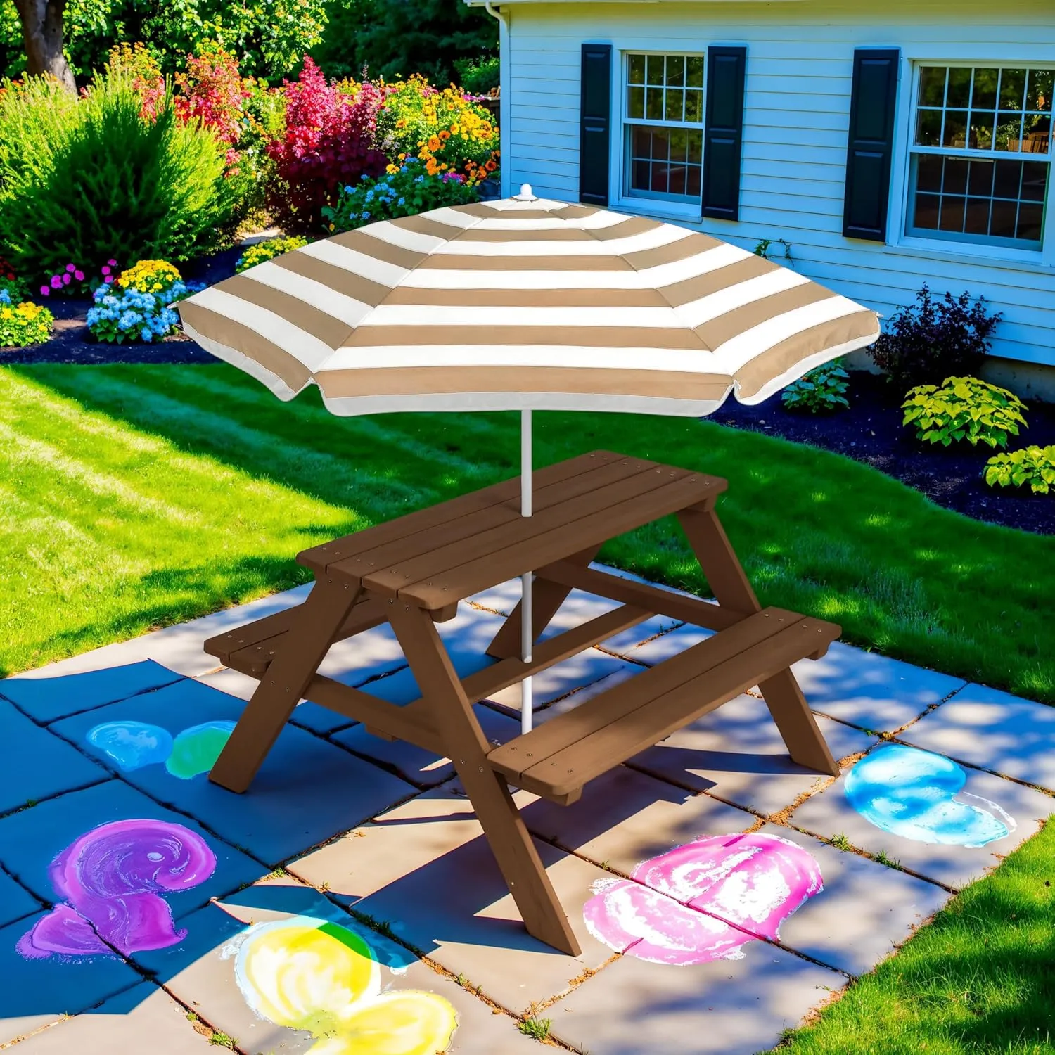 Best Choice Products Kids Wooden Picnic Table, Outdoor Activity & Dining Table w/Adjustable Collapsible Umbrella, Built-in Seats - Walnut/Beige
