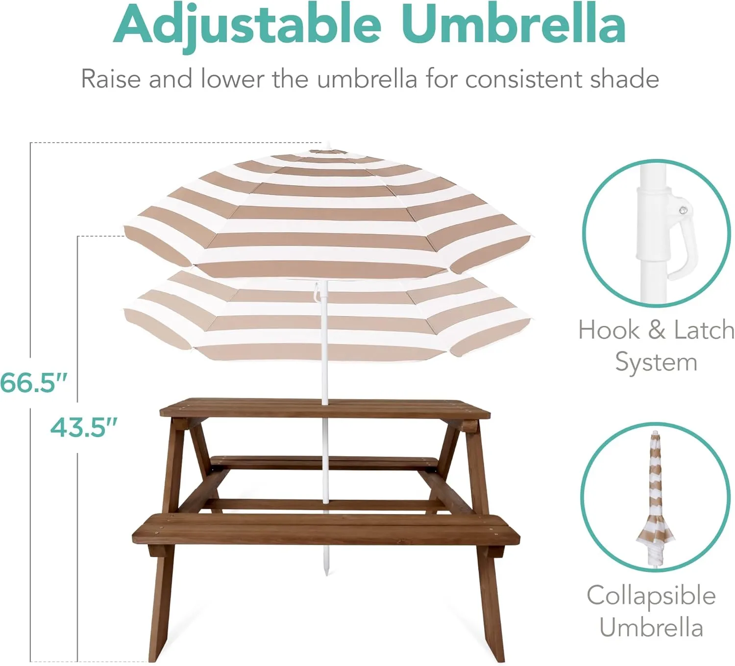 Best Choice Products Kids Wooden Picnic Table, Outdoor Activity & Dining Table w/Adjustable Collapsible Umbrella, Built-in Seats - Walnut/Beige