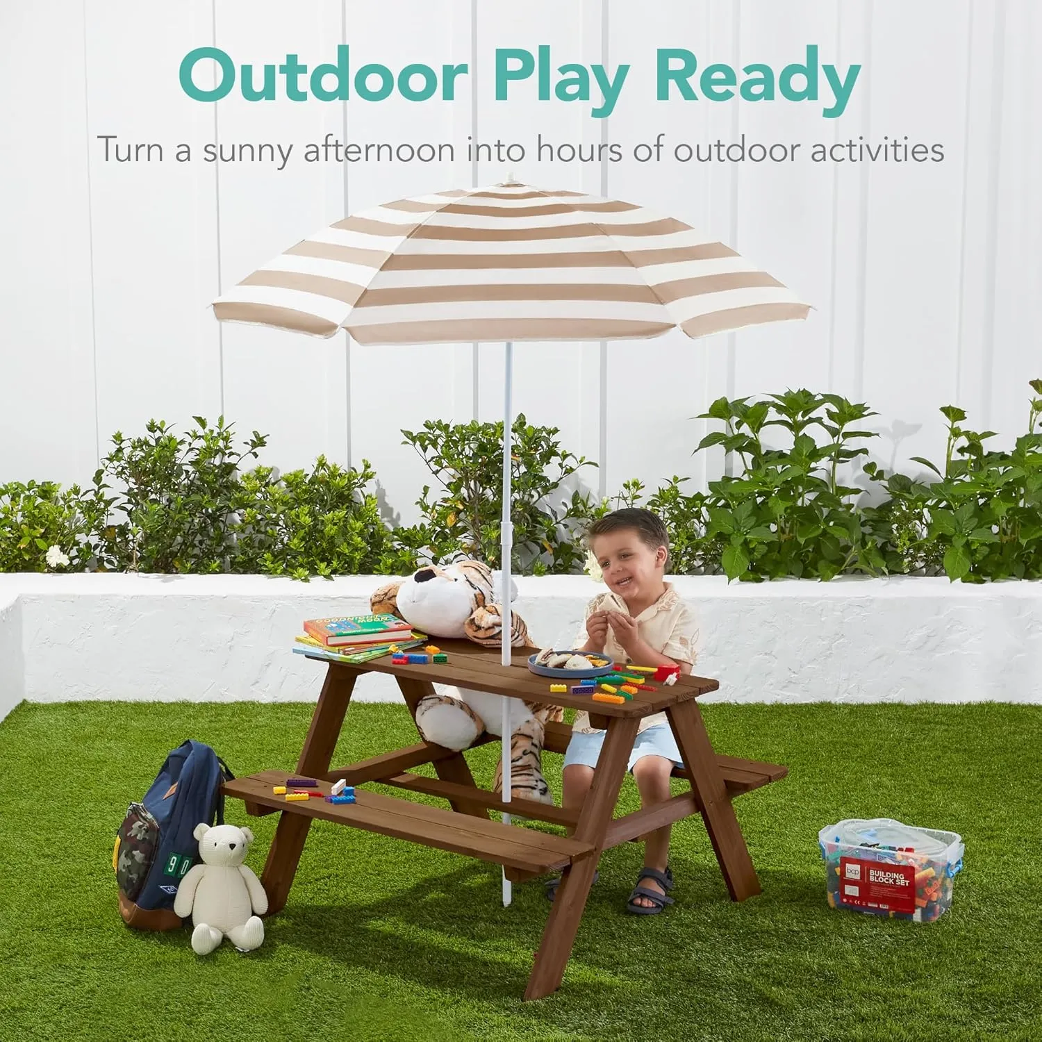 Best Choice Products Kids Wooden Picnic Table, Outdoor Activity & Dining Table w/Adjustable Collapsible Umbrella, Built-in Seats - Walnut/Beige