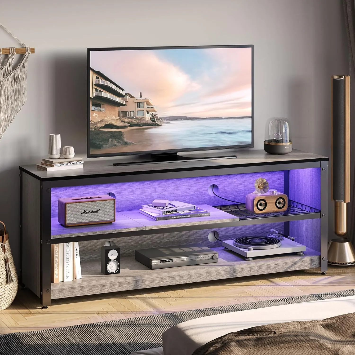 Bestier Gaming Entertainment Center for 50/55/60 Inch TVs, LED TV Stand Cabinet with Adjustable Shelves, Wood Industrial TV Media Console Table with Metal Frame for Living Room Bedroom, Gray