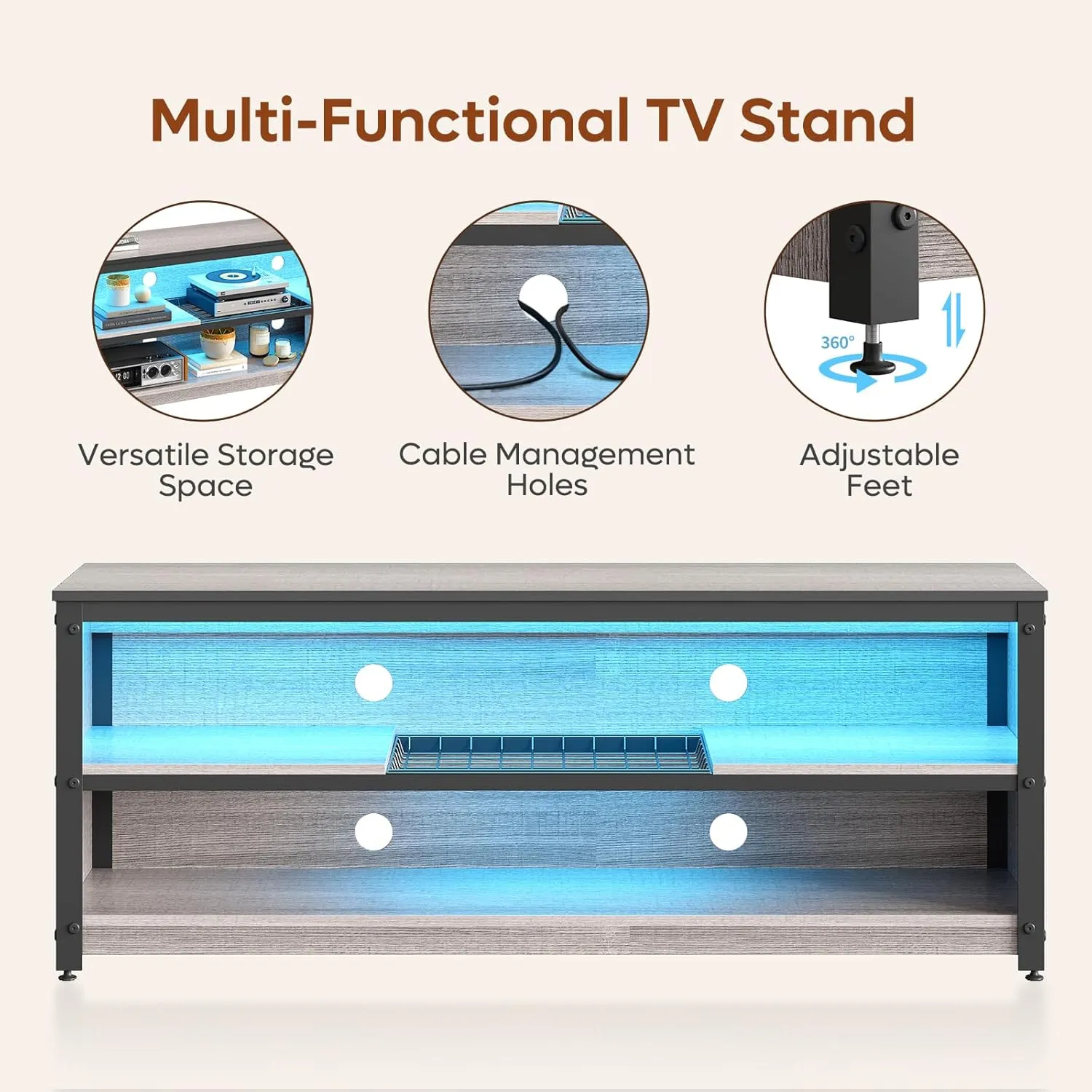 Bestier Gaming Entertainment Center for 50/55/60 Inch TVs, LED TV Stand Cabinet with Adjustable Shelves, Wood Industrial TV Media Console Table with Metal Frame for Living Room Bedroom, Gray