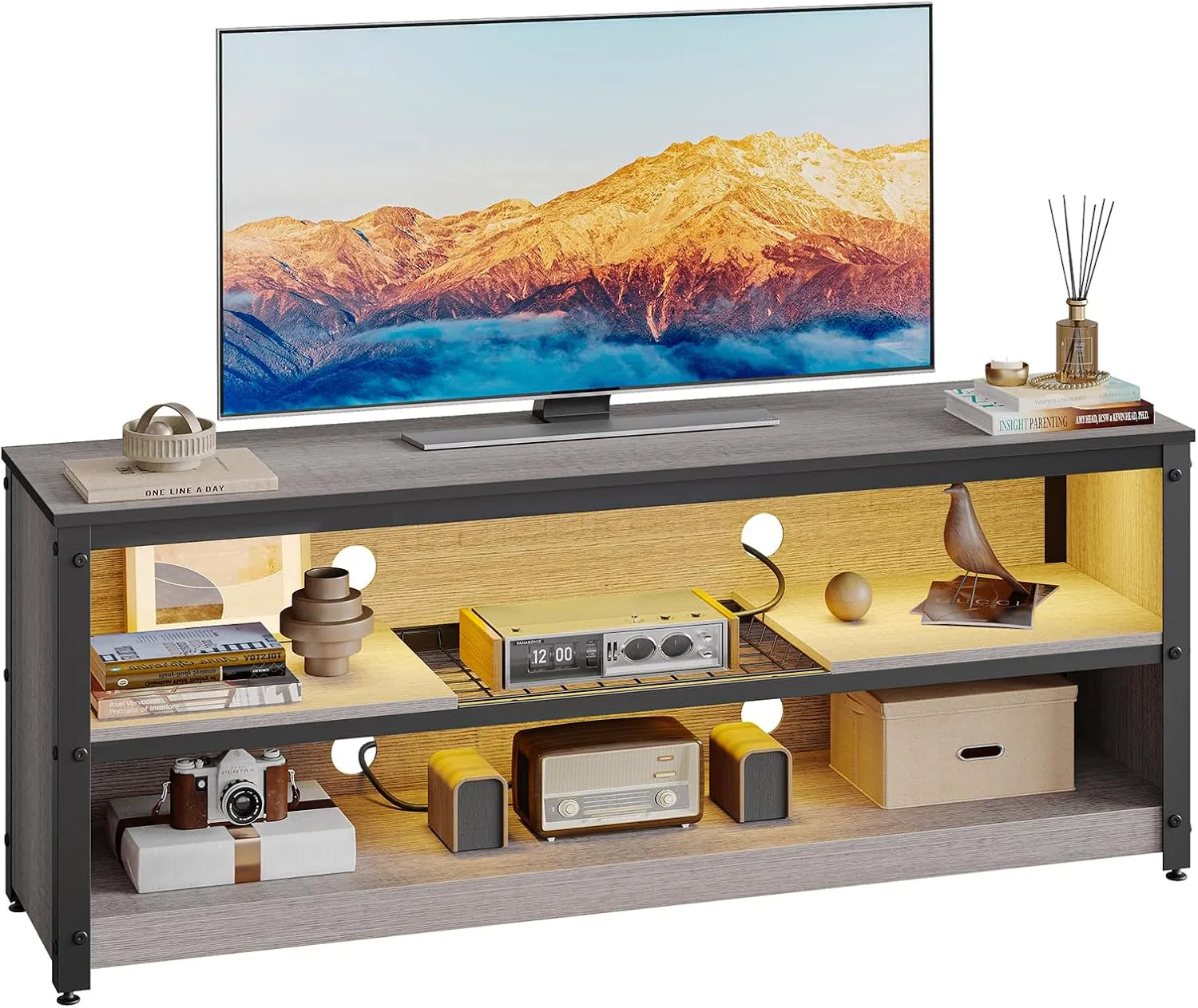 Bestier Gaming Entertainment Center for 50/55/60 Inch TVs, LED TV Stand Cabinet with Adjustable Shelves, Wood Industrial TV Media Console Table with Metal Frame for Living Room Bedroom, Gray