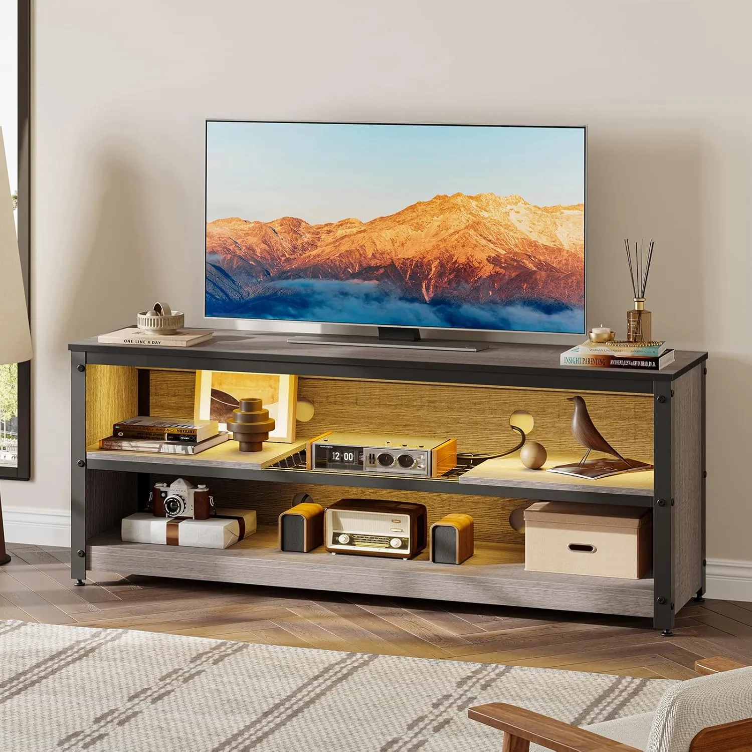 Bestier Gaming Entertainment Center for 50/55/60 Inch TVs, LED TV Stand Cabinet with Adjustable Shelves, Wood Industrial TV Media Console Table with Metal Frame for Living Room Bedroom, Gray