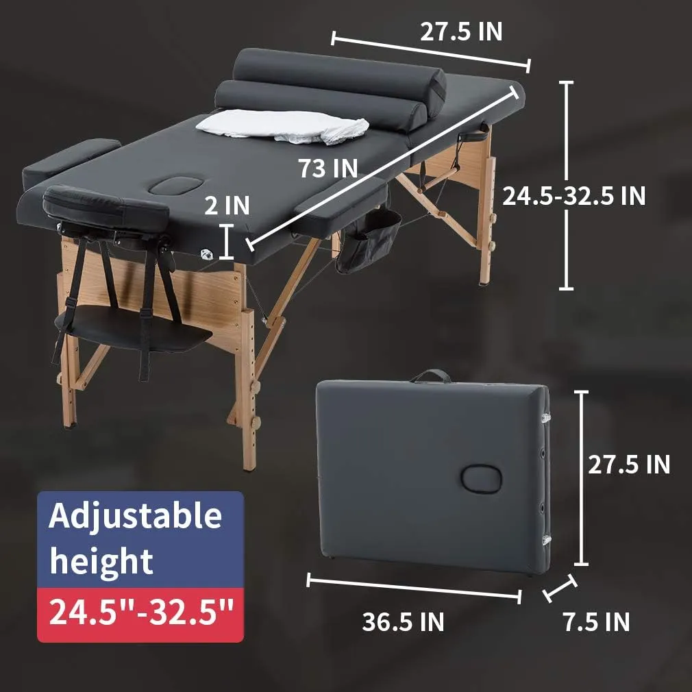 BestMassage Massage Bed Portable Massage Table 28 inche Wide Lash Bed Heigh Adjustable 2 Folding Spa Table with Towel Hanger Oil Pouch Half Bolster Round Bolster Non-Woven Bag