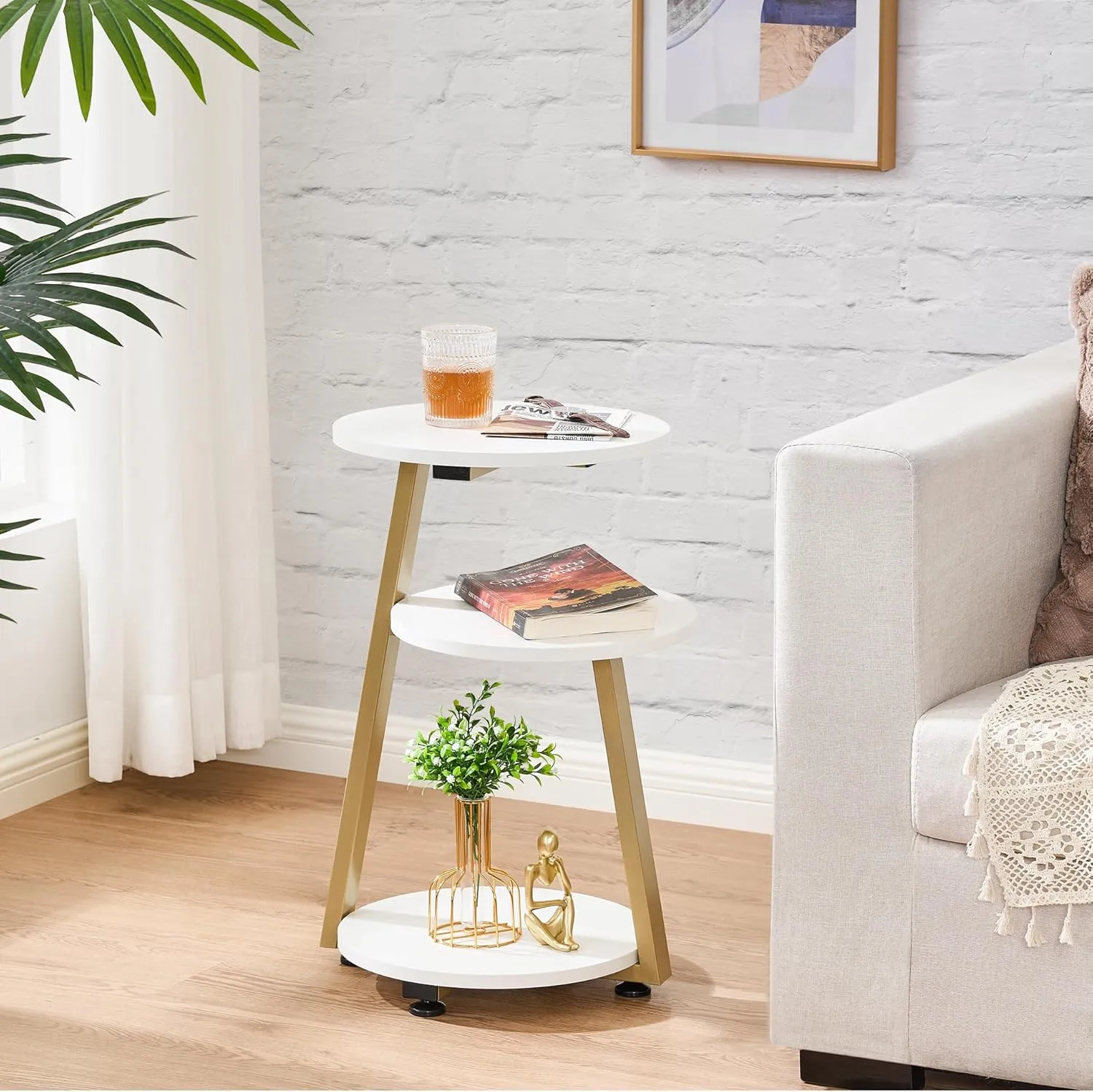 BEWISHOME Round End Table Side Table with Metal Frame, Accent Bedside Table Nightstand with 3-Tier Shelves, Small Couch Table for Living Room Bedroom White Gold KTZ41M
