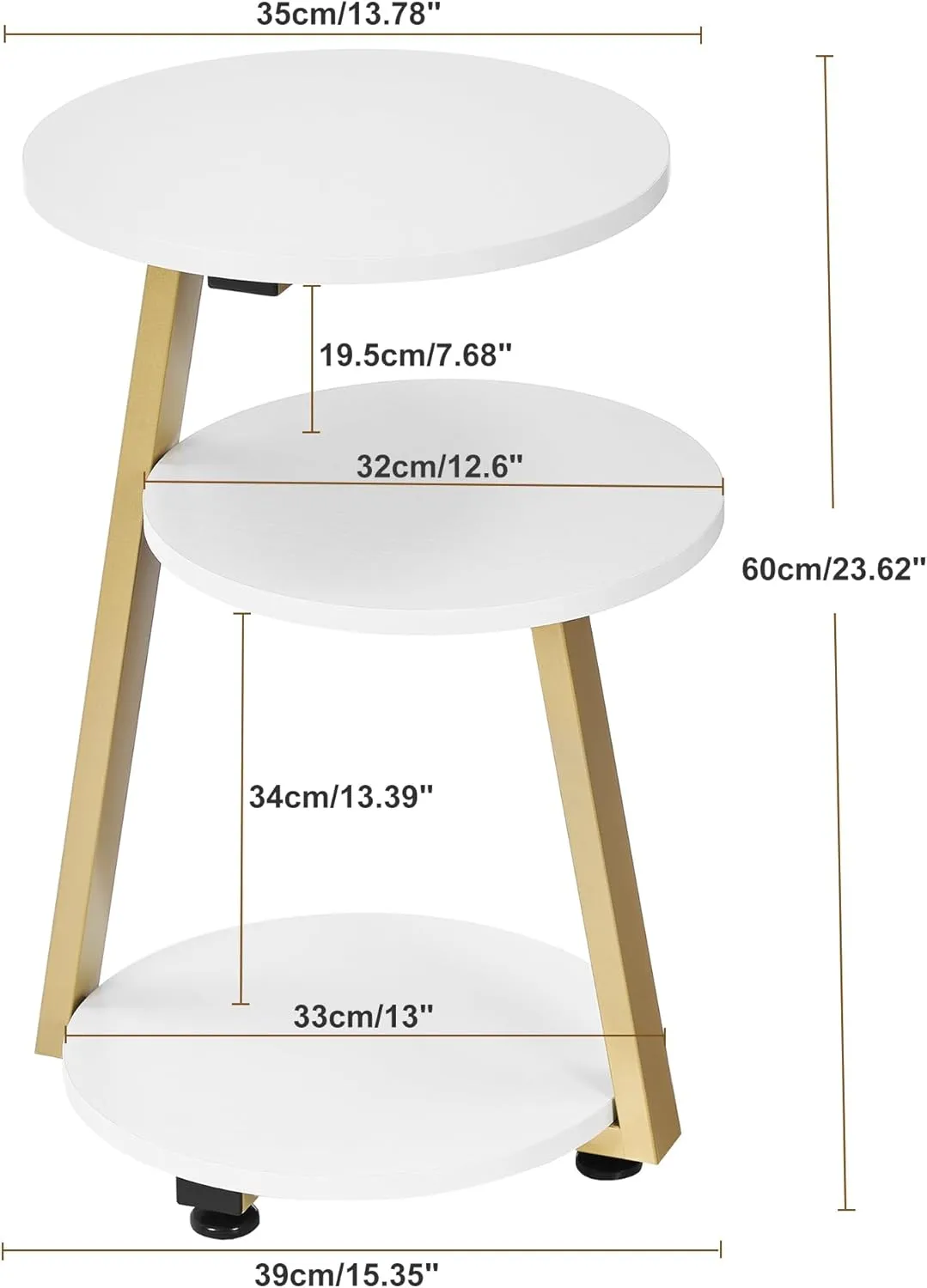 BEWISHOME Round End Table Side Table with Metal Frame, Accent Bedside Table Nightstand with 3-Tier Shelves, Small Couch Table for Living Room Bedroom White Gold KTZ41M