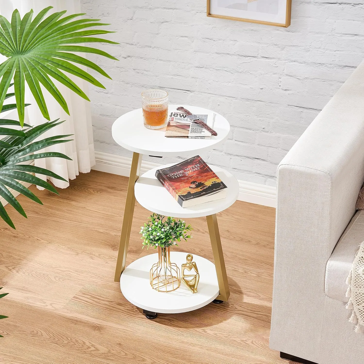 BEWISHOME Round End Table Side Table with Metal Frame, Accent Bedside Table Nightstand with 3-Tier Shelves, Small Couch Table for Living Room Bedroom White Gold KTZ41M