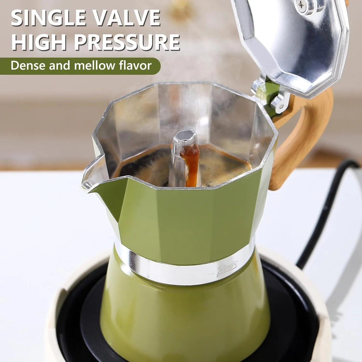 Bincoo Espresso Maker Stovetop - Small Camping Moka Pot 1-2 Espresso Cup/120ML,Stove Top Espresso Pot Italian Coffee Maker,Easy to Use (Green)