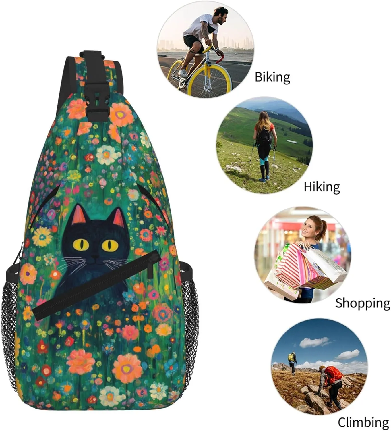 Black Cat Sling Bag Crossbody Backpack Shoulder Daypack Multipurpose Cross Body Chest Bag for Men Women Travel Hiking Sports Gym