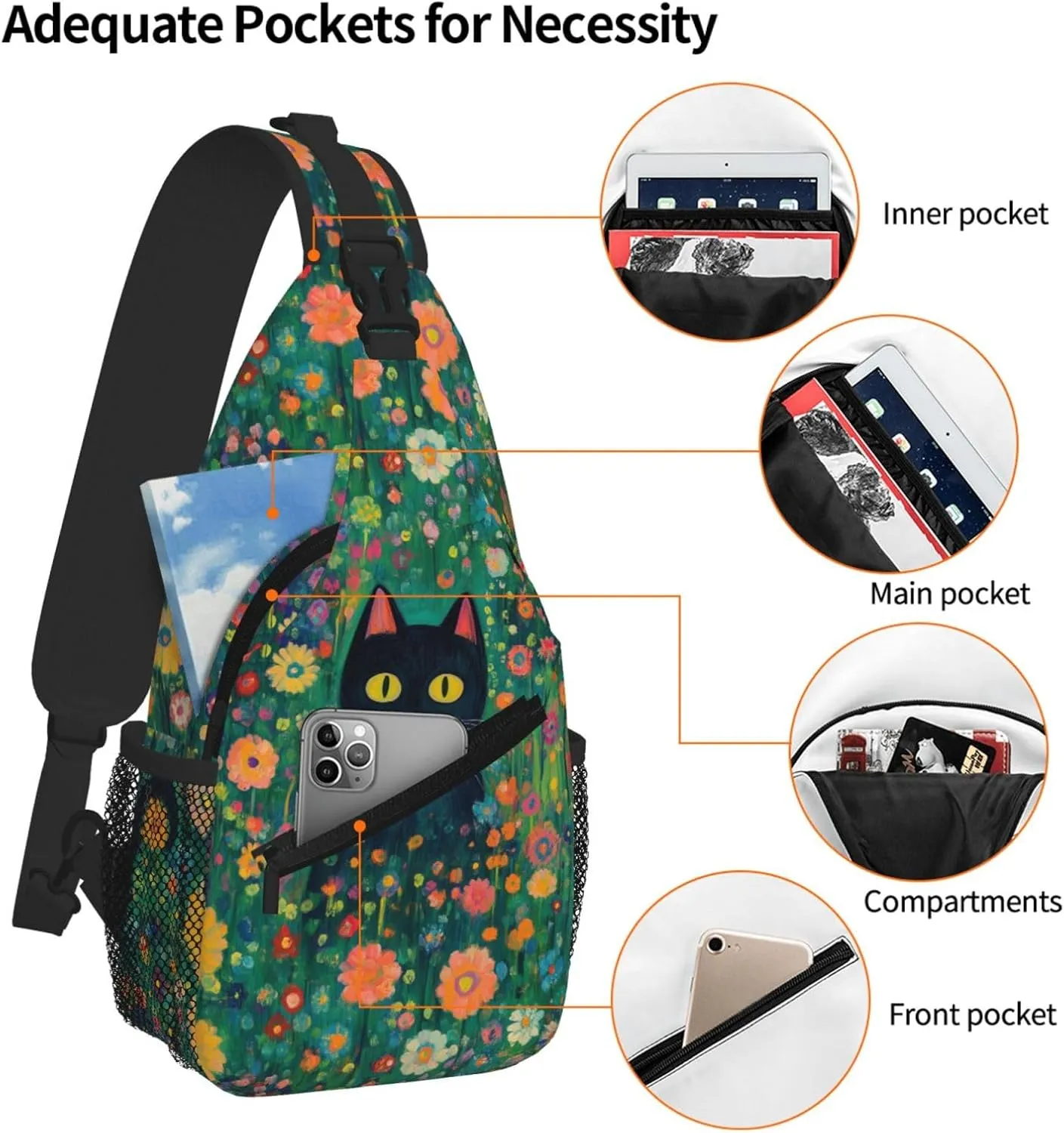 Black Cat Sling Bag Crossbody Backpack Shoulder Daypack Multipurpose Cross Body Chest Bag for Men Women Travel Hiking Sports Gym
