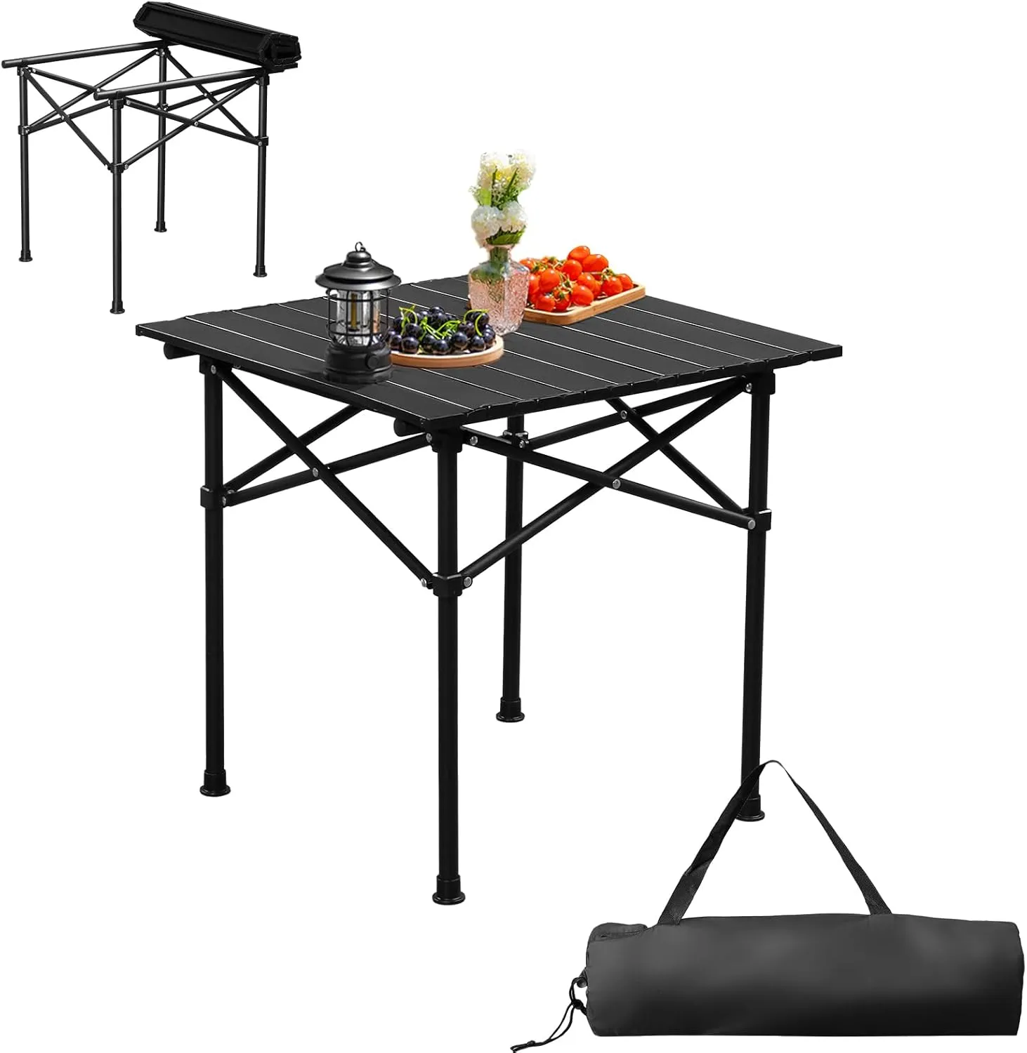 Black Compact Camp Table, Outdoor Folding Table, Portable Camping Side Table, Beach Table, Camping Table, 20 x 20 in Foldable Outdoor Table, Roll-Top Table for Camping 50 x 50 x 50 cm