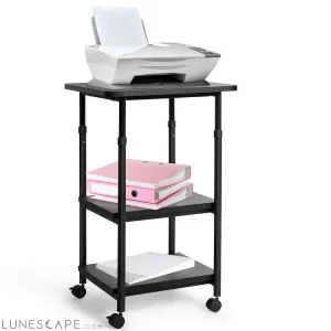 Black Multifunction Adjustable Height 3-tier Printer Stand on Wheels