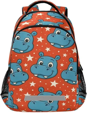 Blue Cartoon Hippo Design Waterproof Backpack - Casual Outdoor Sports Daypack with Ergonomic Shoulder Straps#74