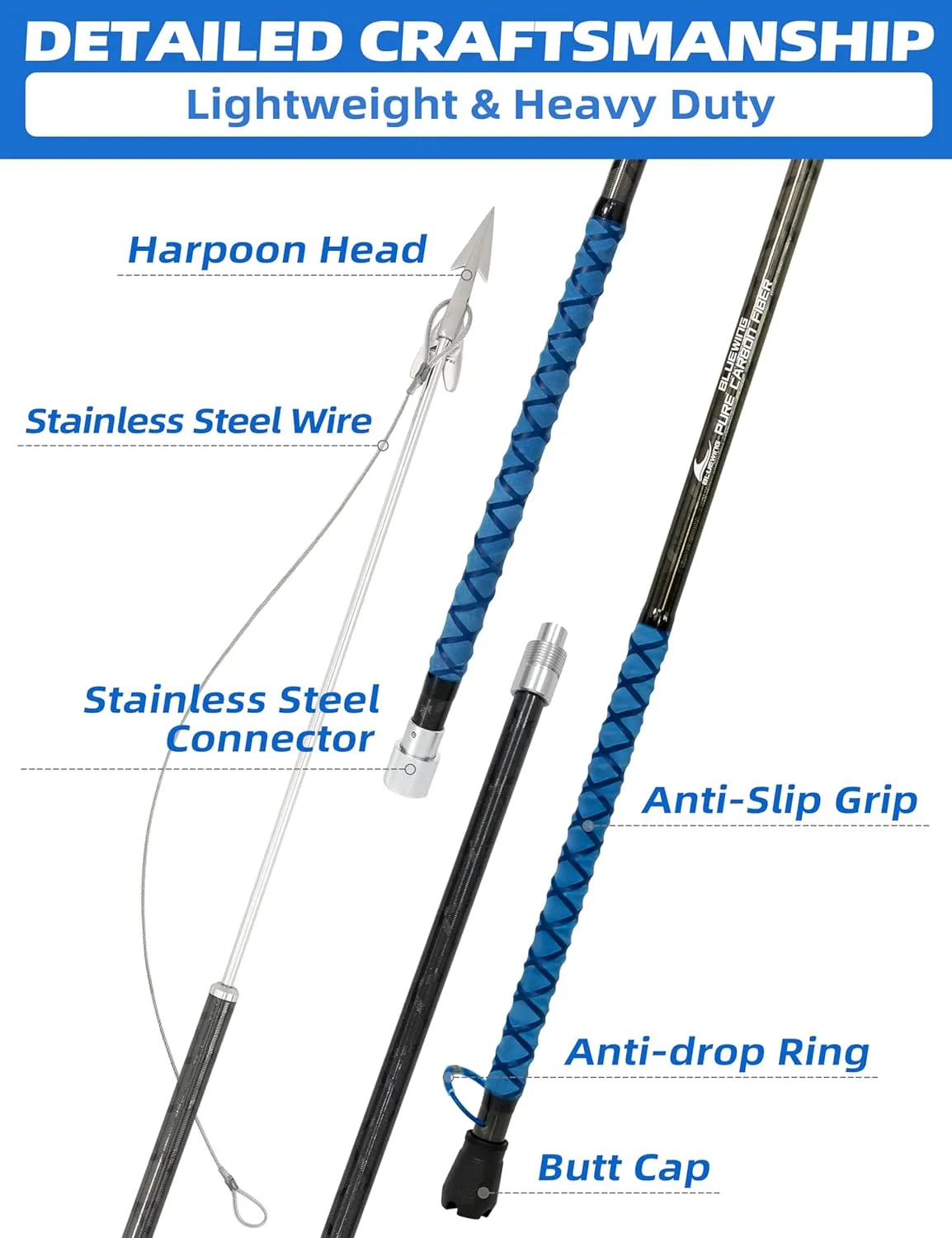 BLUEWING Front Weighted Fishing Harpoon Pure Carbon Fiber Lightweight Spearfishing Pole Spear 8ft/ 12ft/ 16ft Heavy Duty with Stainless Steel Dart for Tuna, Marlin, Swordfish