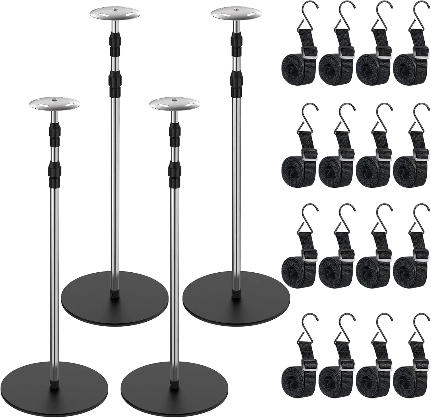 Boat Cover Support Poles, 4 Pack Adjustable Stainless Steel Pontoon Boat Cover Support System, Telescoping Tarp Accessories with 16 Straps and Metal Base for V Hull, Jon, Pontoon Boat