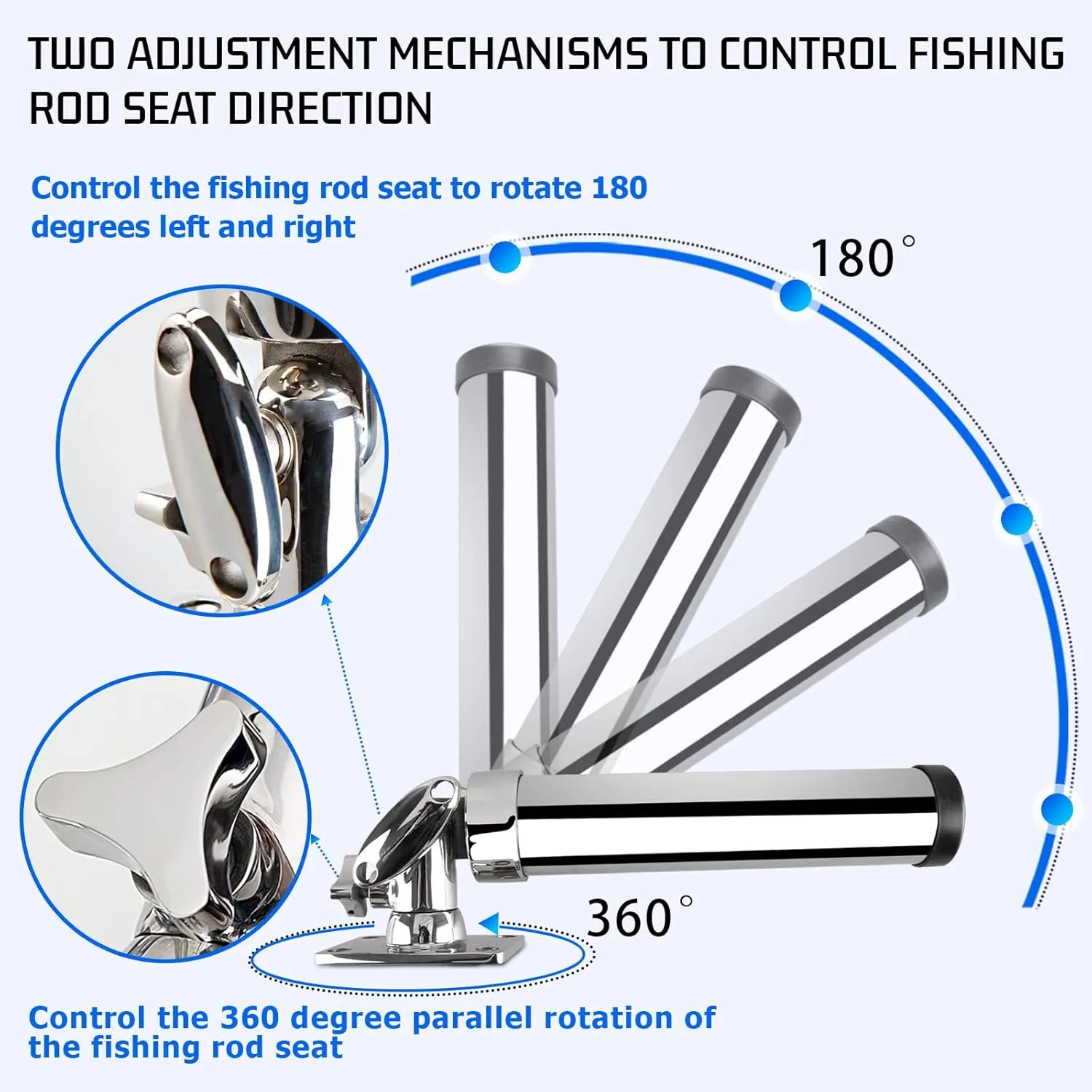 Boat Fishing Rod Holder, 360 Degree Marine Grade Stainless Steel 316 Adjustable Swivel Fishing Pole Holders, Deck Mount and Rail Mount Fishing Rod Bracket