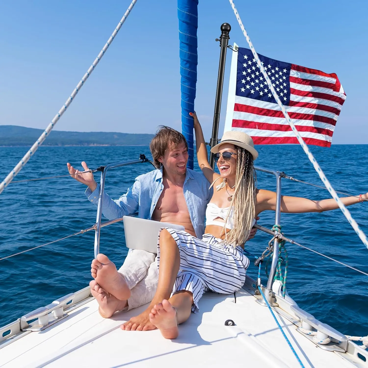 Boat Flag Pole, 48 Inch Boat Flag Pole Kit Rail Mount with 12x18 inch Embroidered American Flag, No Drilling Flag Pole Holder for 0.5-1.1 Inch Rails