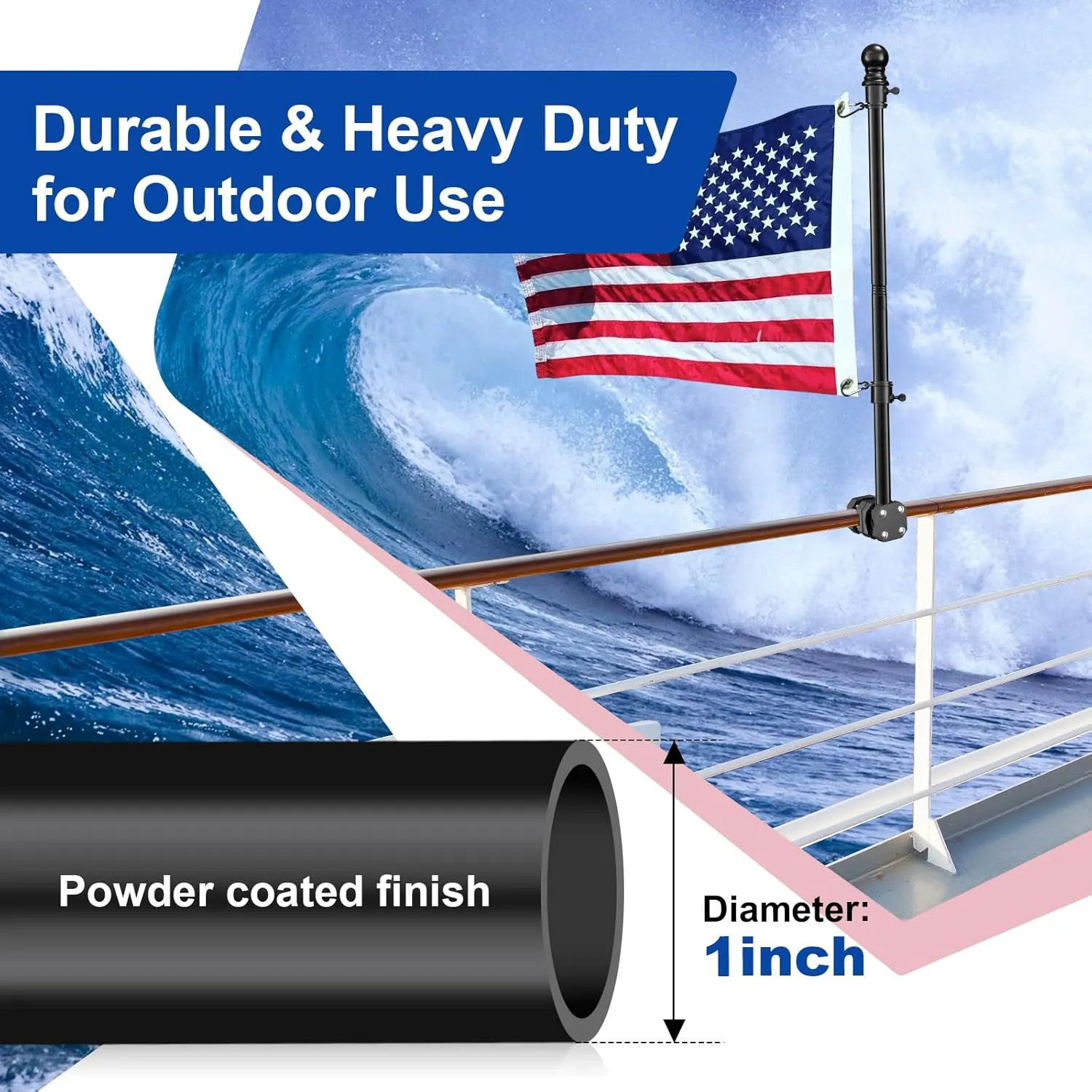 Boat Flag Pole, 48 Inch Boat Flag Pole Kit Rail Mount with 12x18 inch Embroidered American Flag, No Drilling Flag Pole Holder for 0.5-1.1 Inch Rails