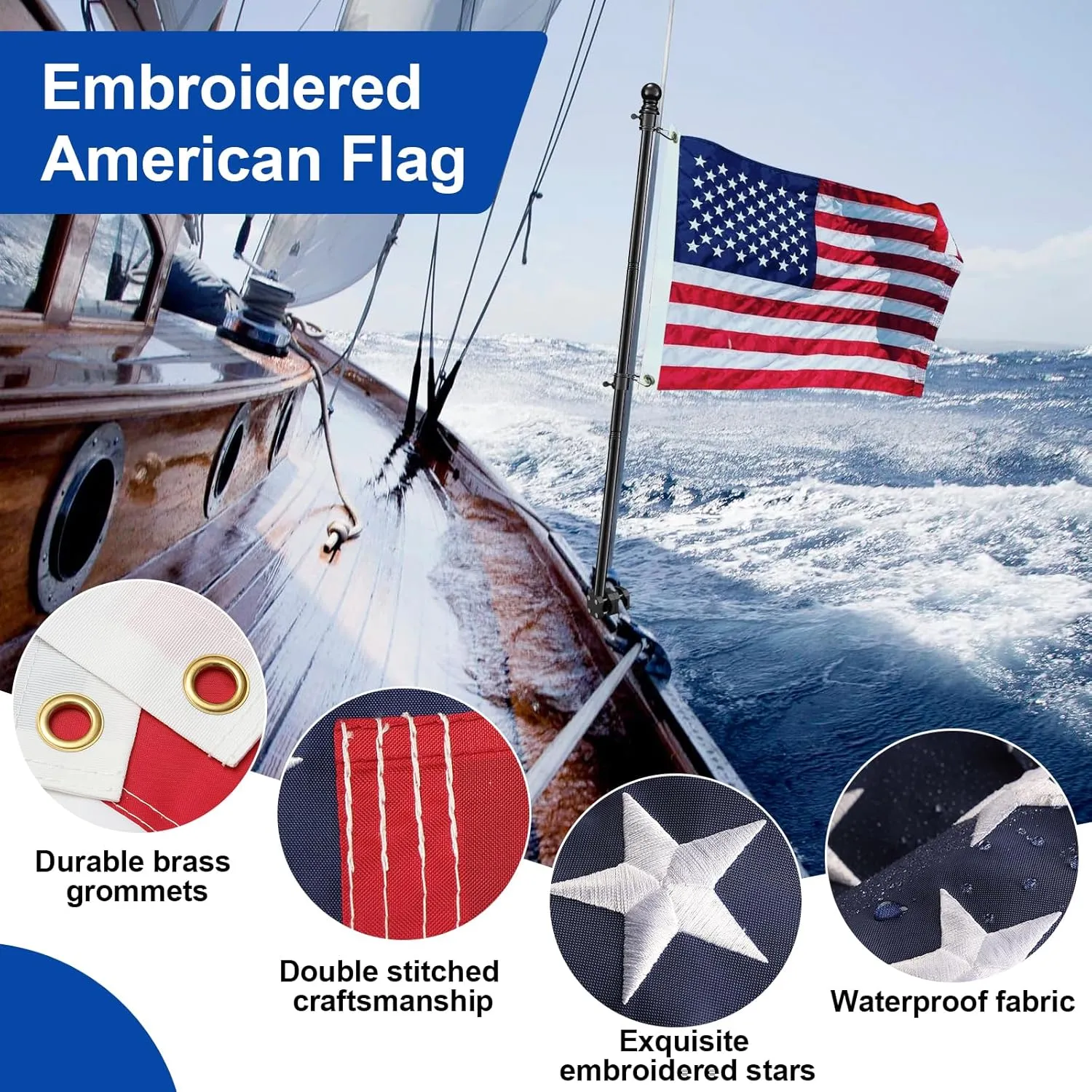 Boat Flag Pole, 48 Inch Boat Flag Pole Kit Rail Mount with 12x18 inch Embroidered American Flag, No Drilling Flag Pole Holder for 0.5-1.1 Inch Rails